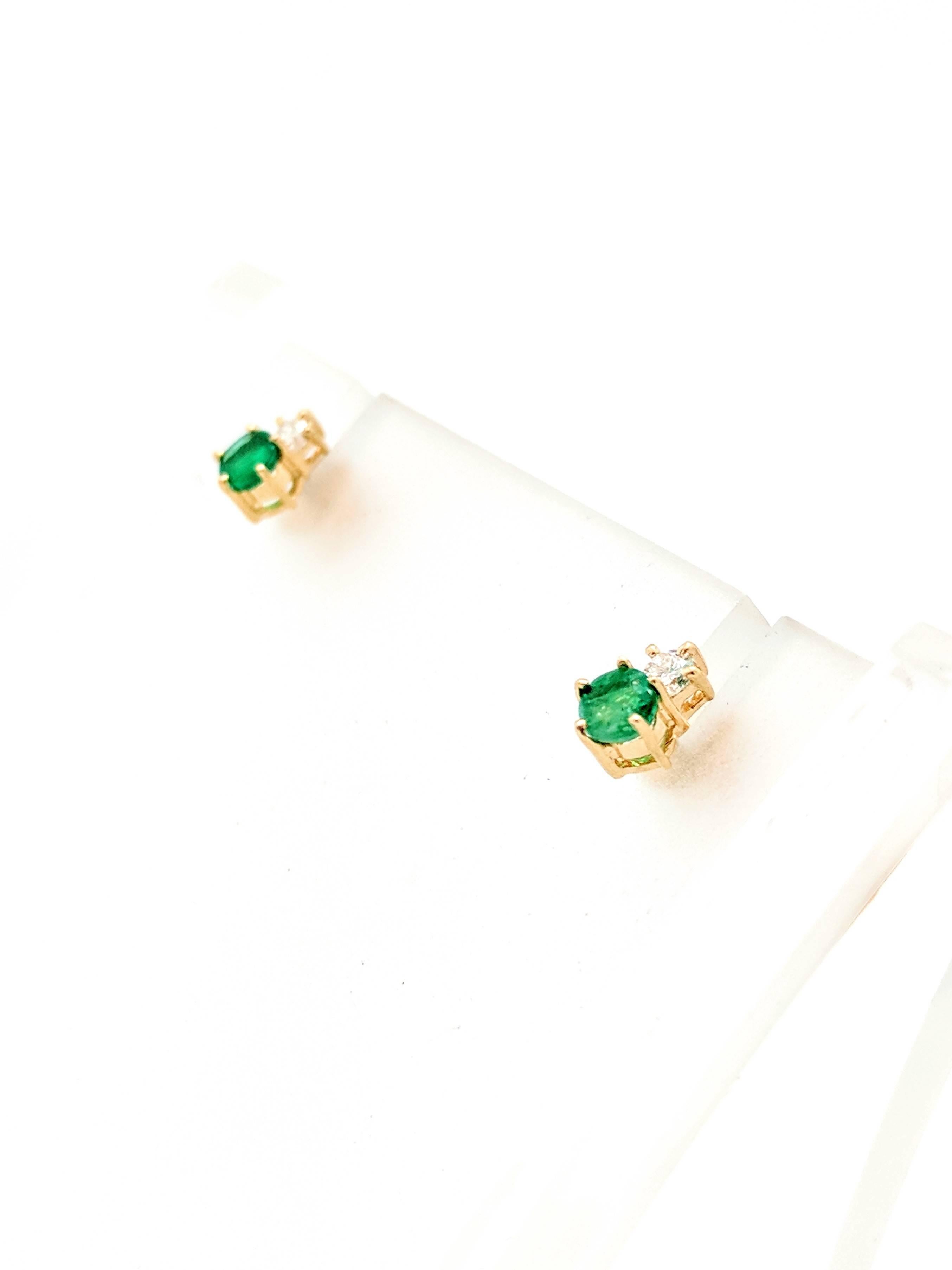 18 Karat Yellow Gold Emerald and Diamond Stud Earrings 1