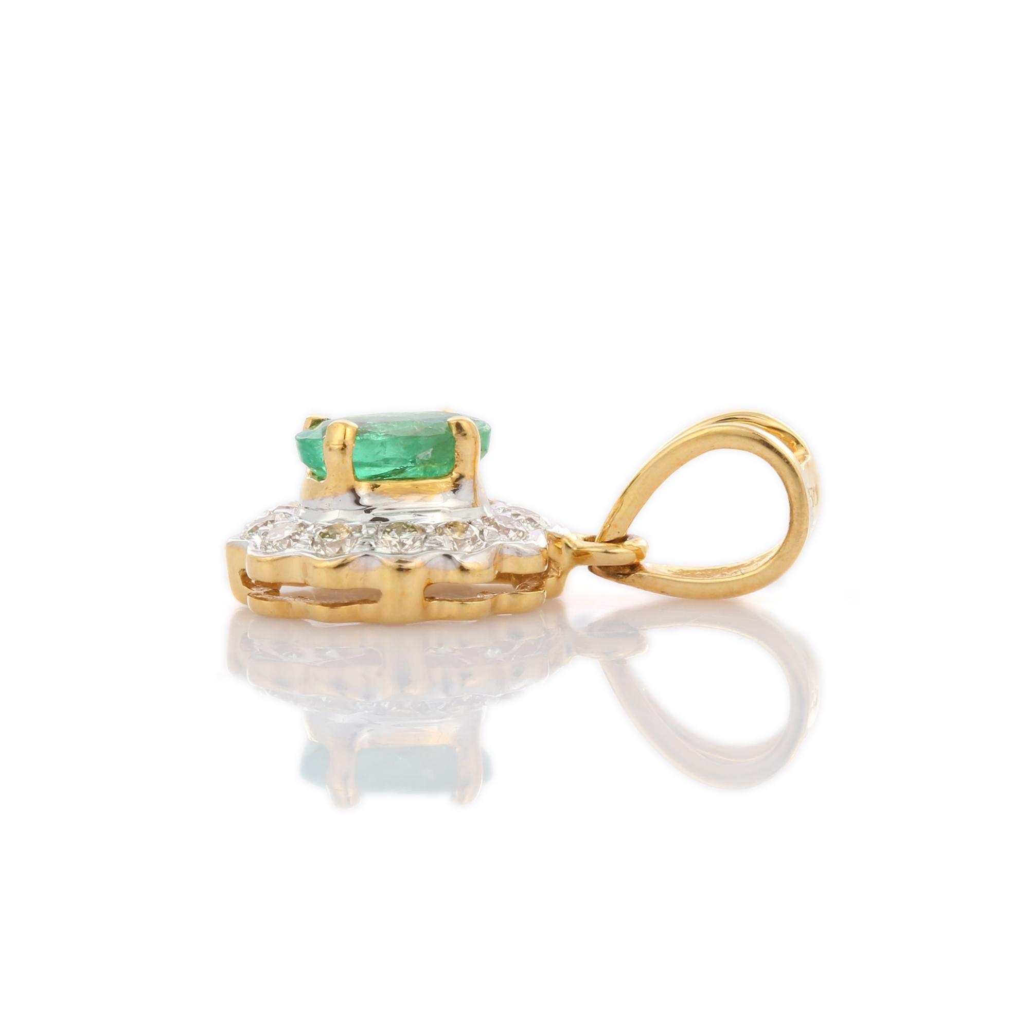 Natural Emerald pendant in 18K Gold. It has a oval cut emerald studded with diamonds that completes your look with a decent touch. Pendants are used to wear or gifted to represent love and promises. It's an attractive jewelry piece that goes with