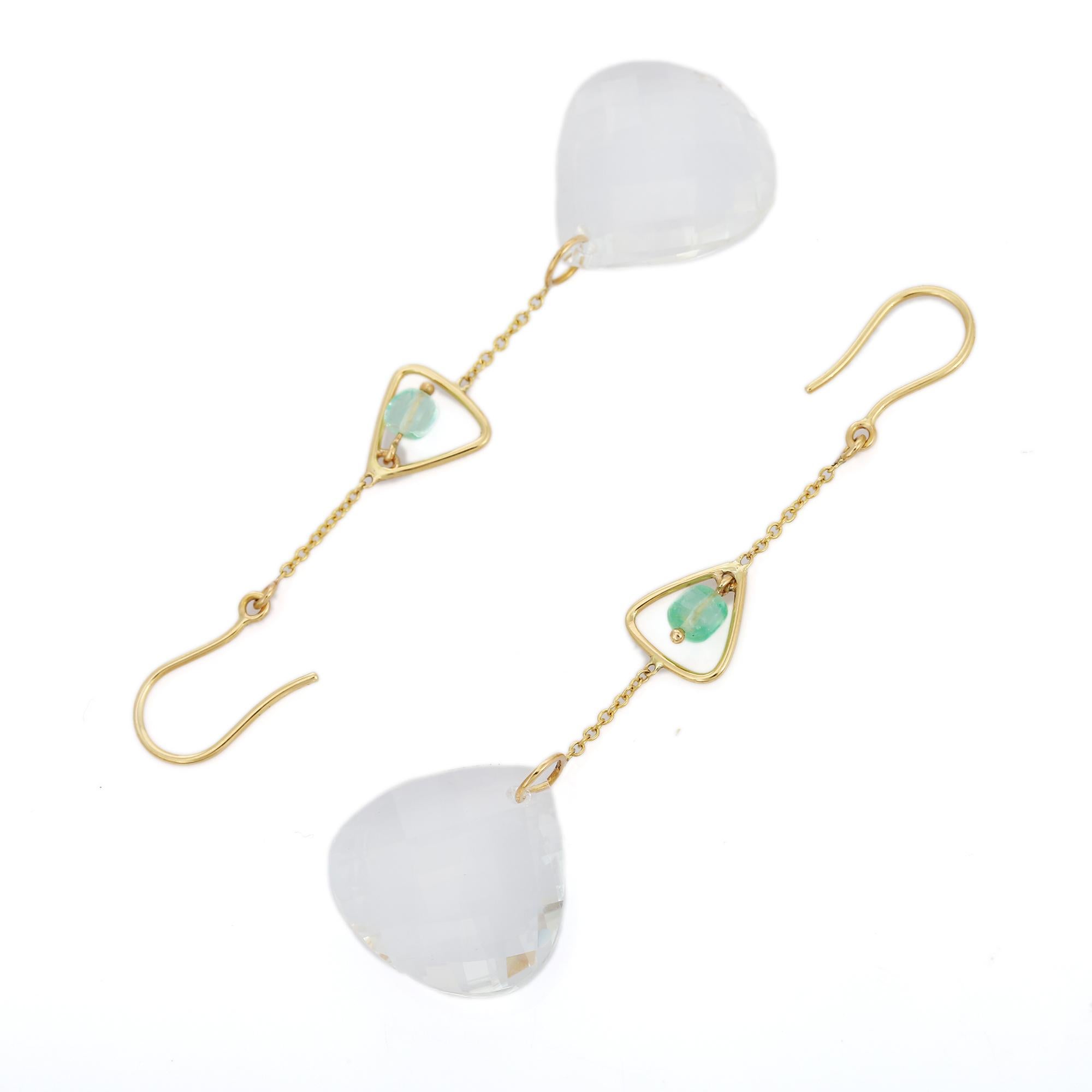 Emerald and Crystal Dangle earrings to make a statement with your look. These earrings create a sparkling, luxurious look featuring tumbler cut gemstone.
If you love to gravitate towards unique styles, this piece of jewelry is perfect for