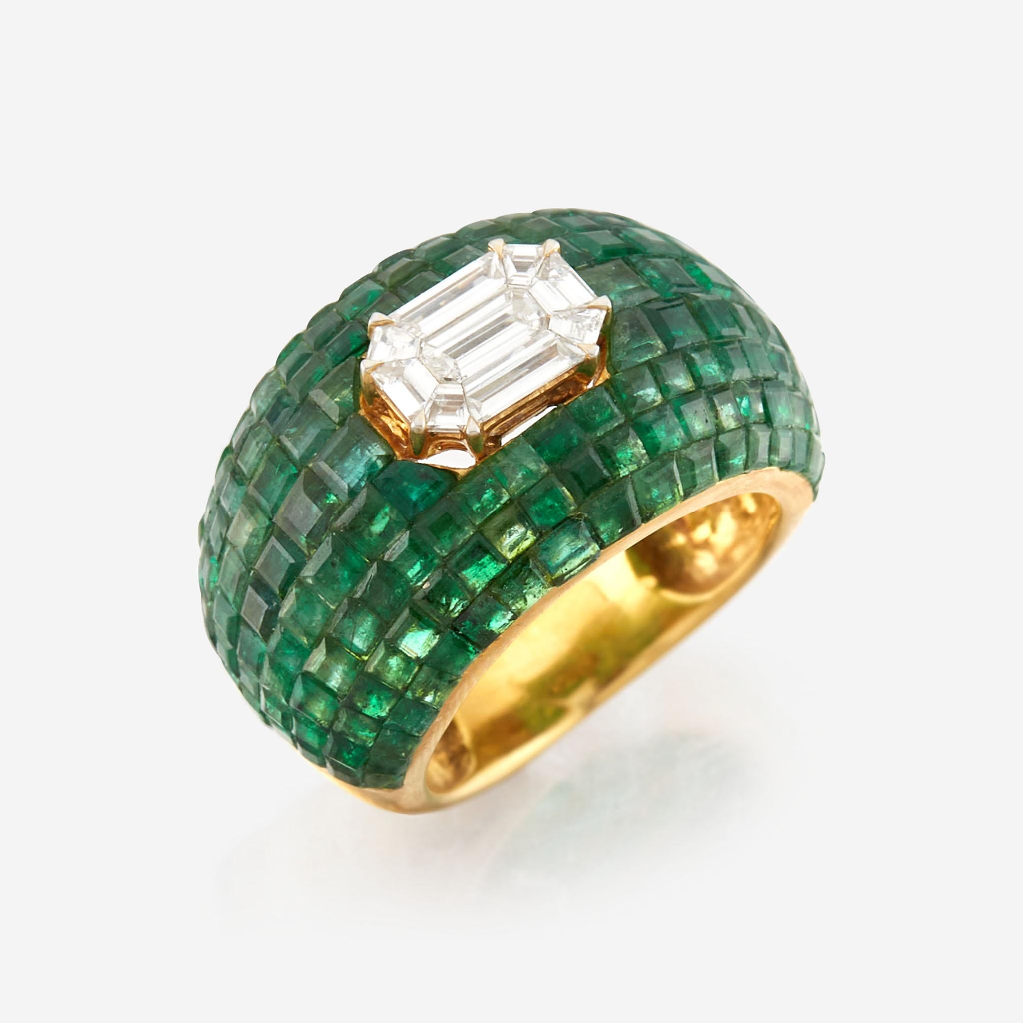 Emerald Cut 18k Yellow Gold Emerald and Diamond Bombe Ring For Sale