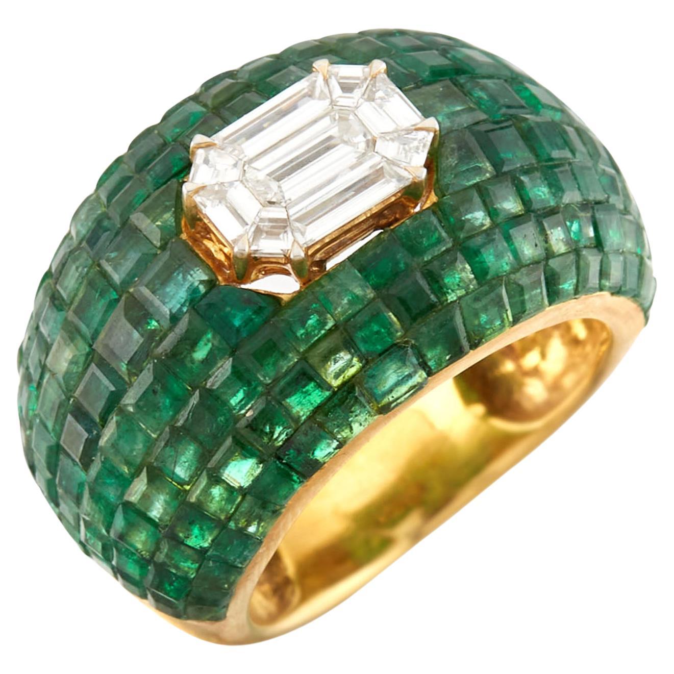 18k Yellow Gold Emerald and Diamond Bombe Ring For Sale