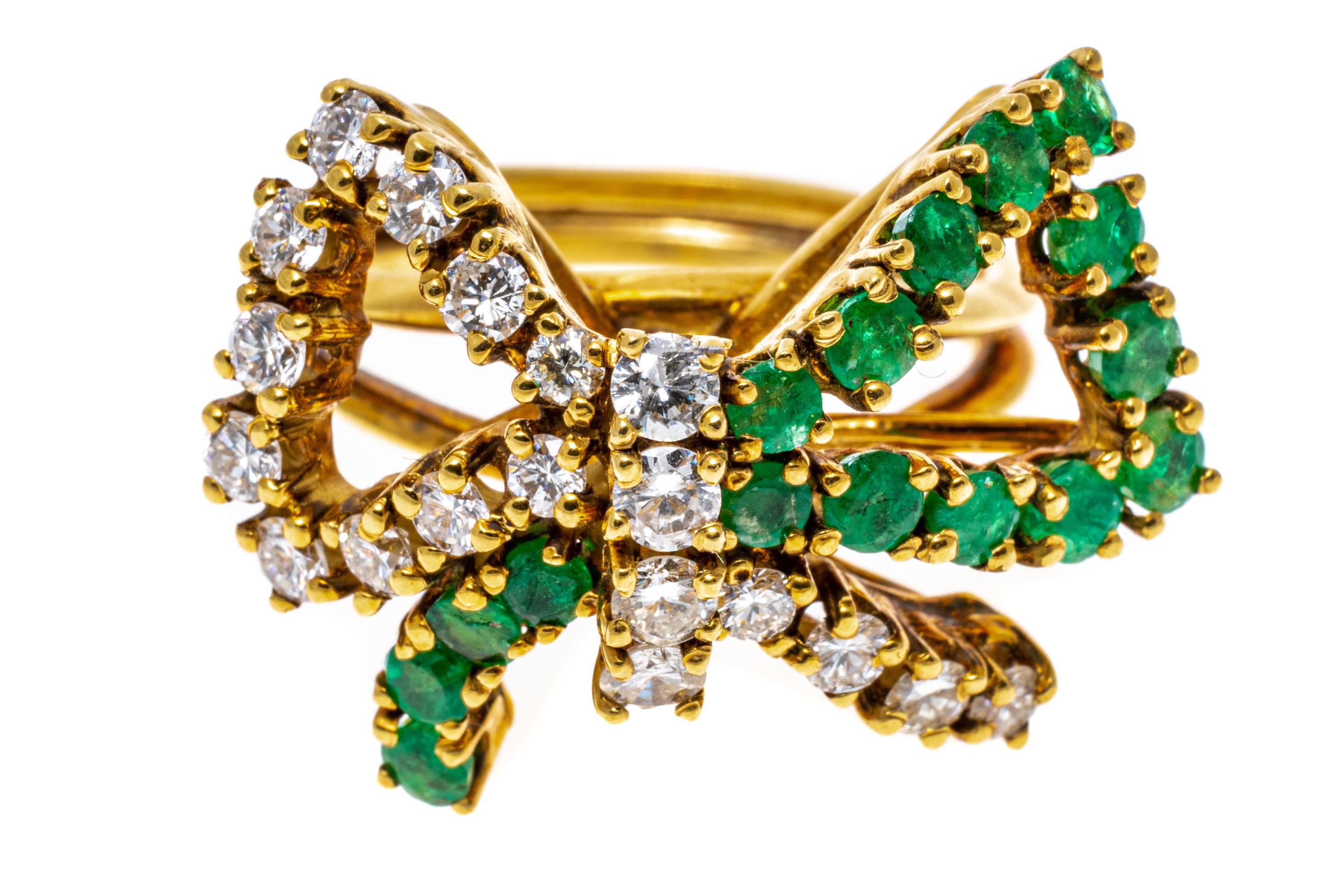 Round Cut 18k Yellow Gold Emerald and Diamond Bow Motif Ring, App. 0.66 Tcw For Sale