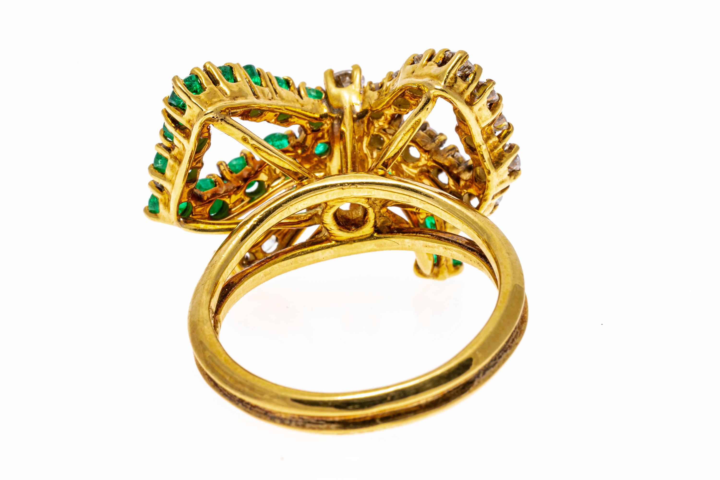 18k Yellow Gold Emerald and Diamond Bow Motif Ring, App. 0.66 Tcw For Sale 2