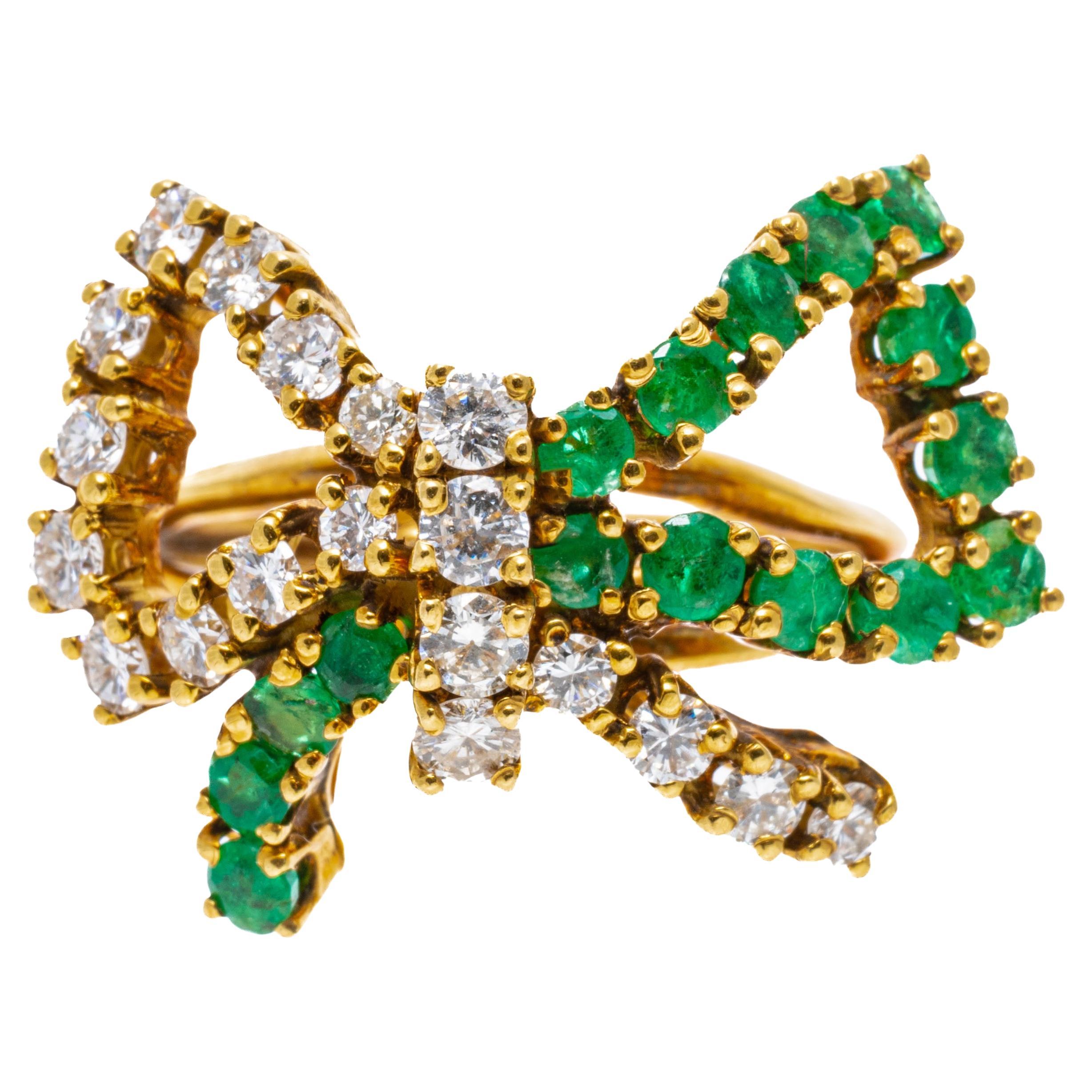 18k Yellow Gold Emerald and Diamond Bow Motif Ring, App. 0.66 Tcw For Sale