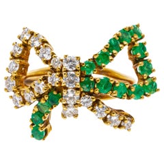 Retro 18k Yellow Gold Emerald and Diamond Bow Motif Ring, App. 0.66 Tcw