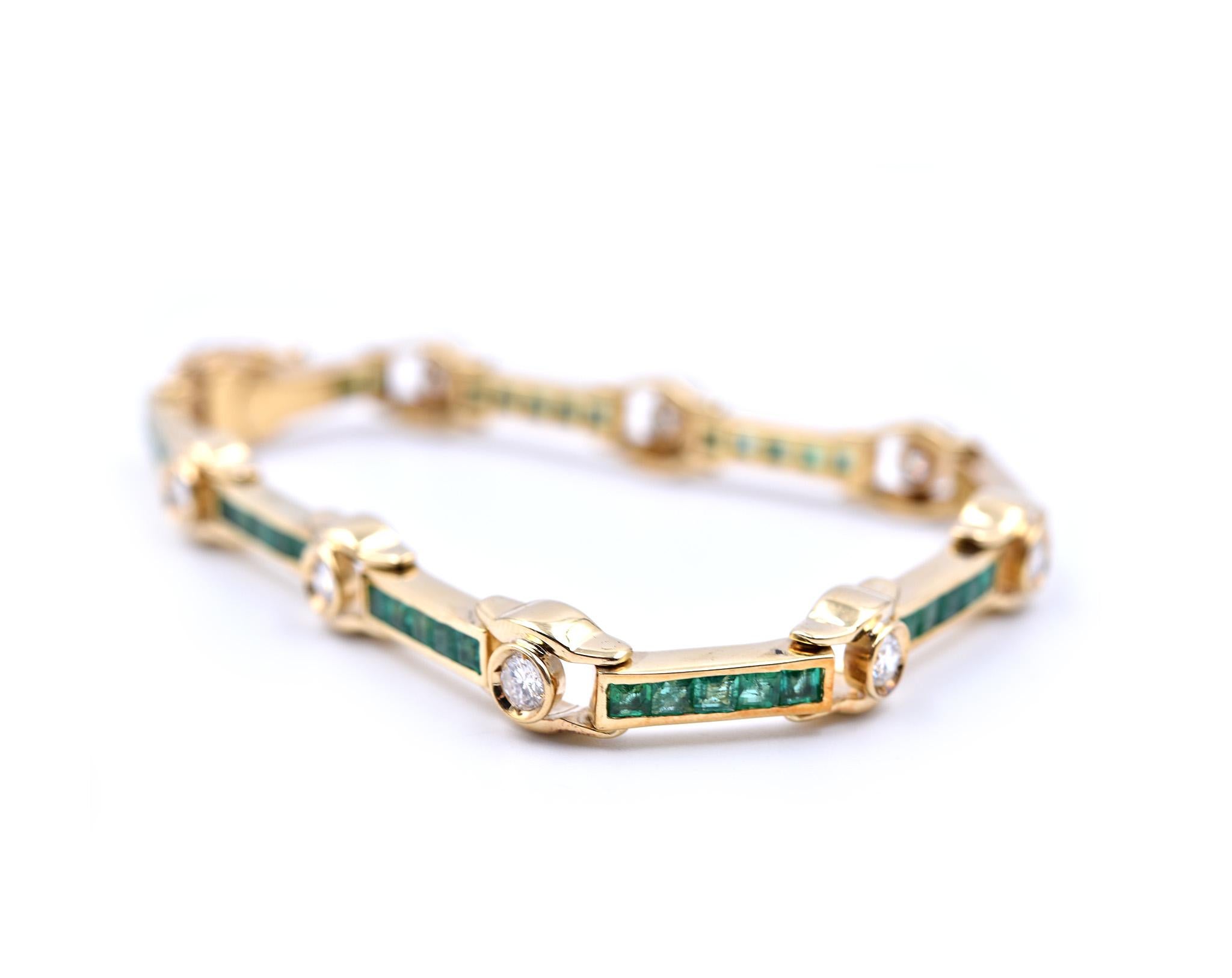 Designer: custom design
Material: 18k white gold
Emerald: 45 emeralds= 2.70cttw
Diamonds: 9 round brilliant= 1.80cttw
Color: G
Clarity: VS
Dimensions: bracelet is approximately 7 ¼-inch long and 7.52mm wide
Weight:  31 grams
