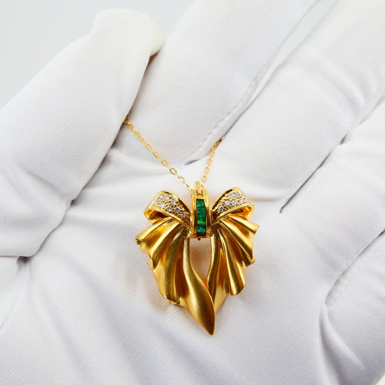 18K Yellow Gold, Emerald and Diamond Brooch Pendant, Two Use For Sale 6