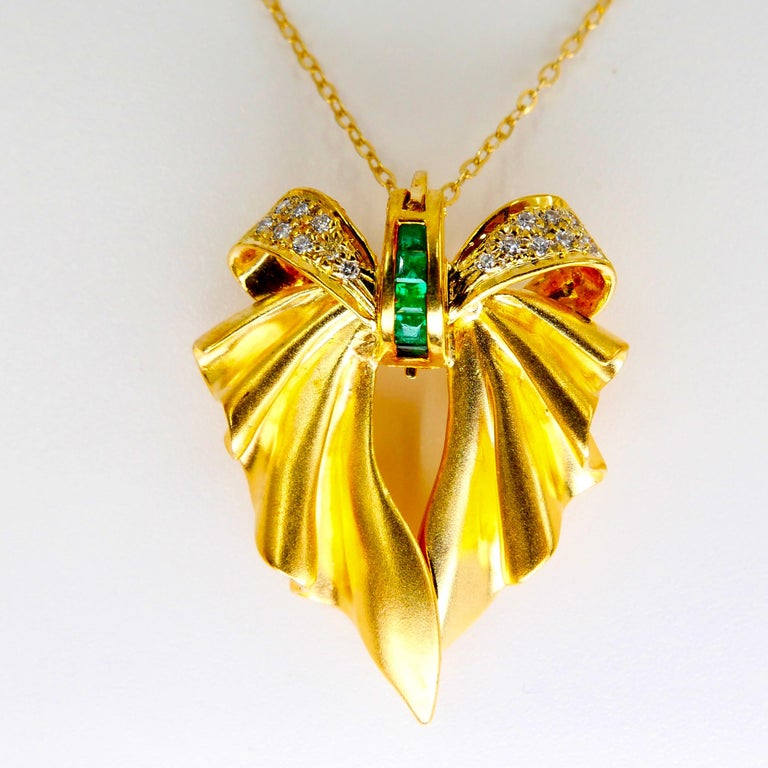 18K Yellow Gold, Emerald and Diamond Brooch Pendant, Two Use For Sale 9