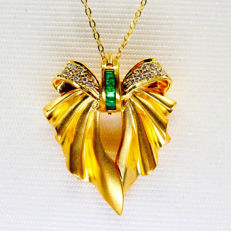 18K Yellow Gold, Emerald and Diamond Brooch Pendant, Two Use For Sale 3