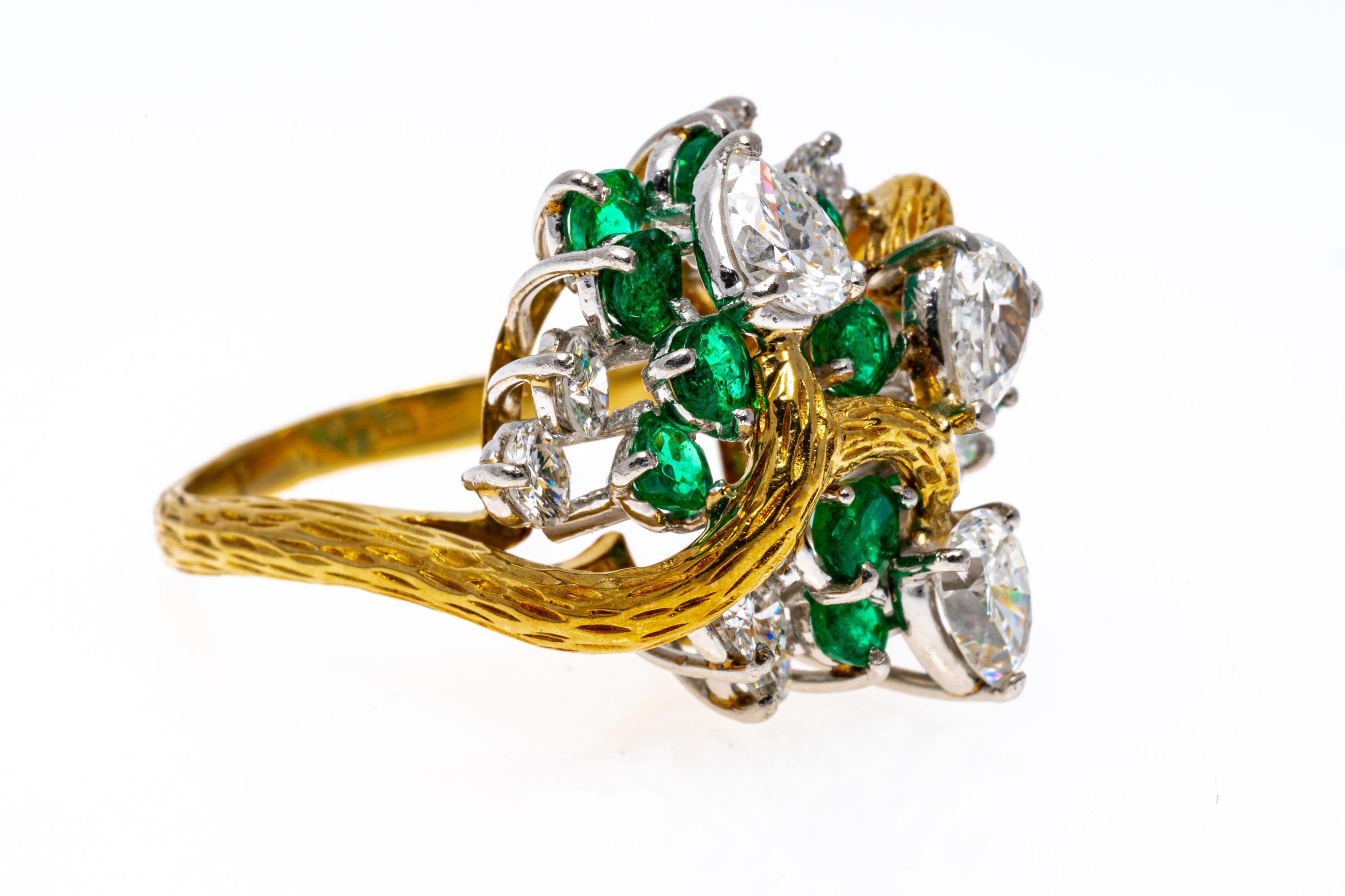 Retro 18k Yellow Gold Emerald and Diamond Bypass Cluster Ring, Bark Finish For Sale