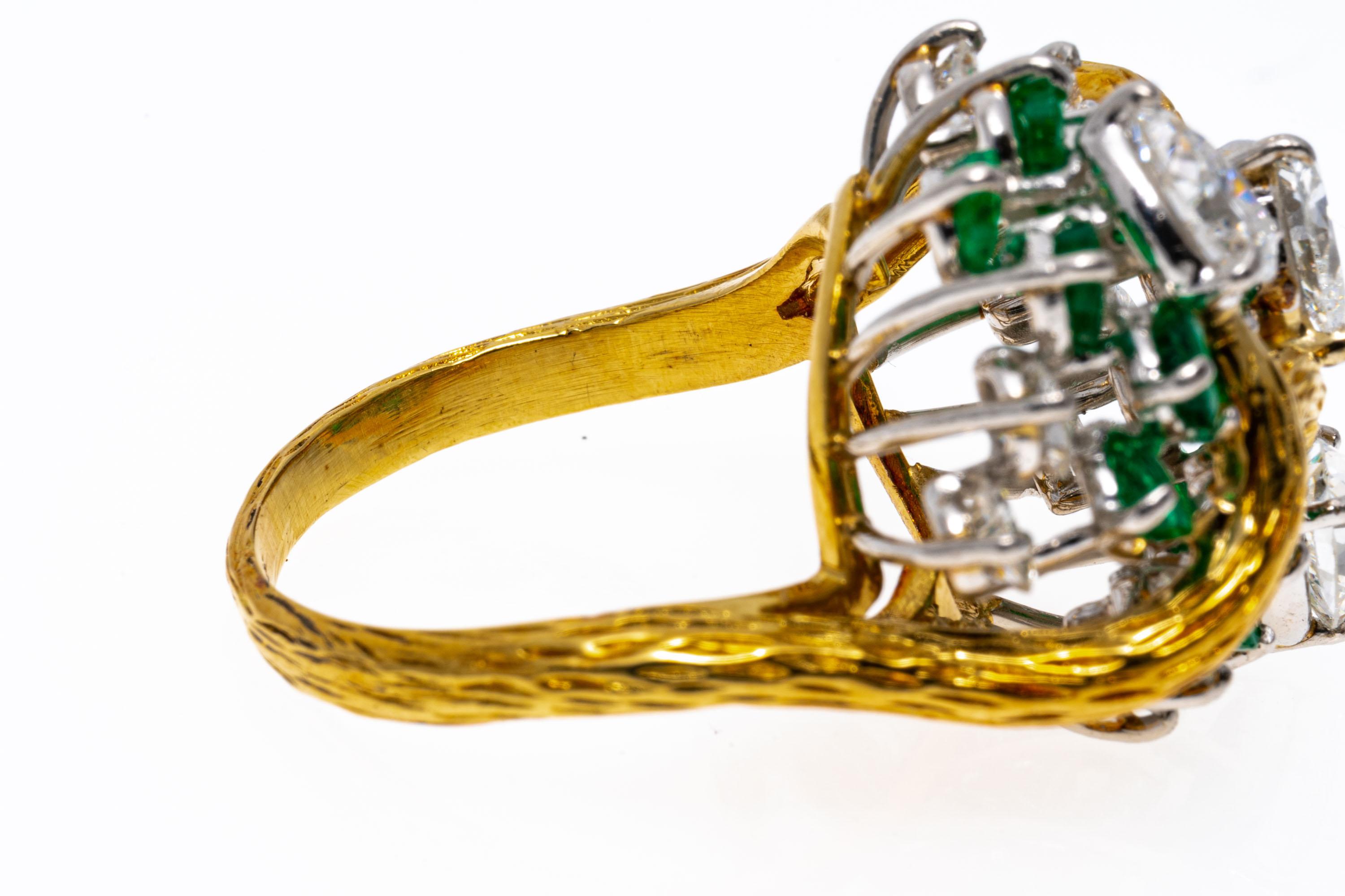 Retro 18k Yellow Gold Emerald and Diamond Bypass Cluster Ring, Bark Finish For Sale