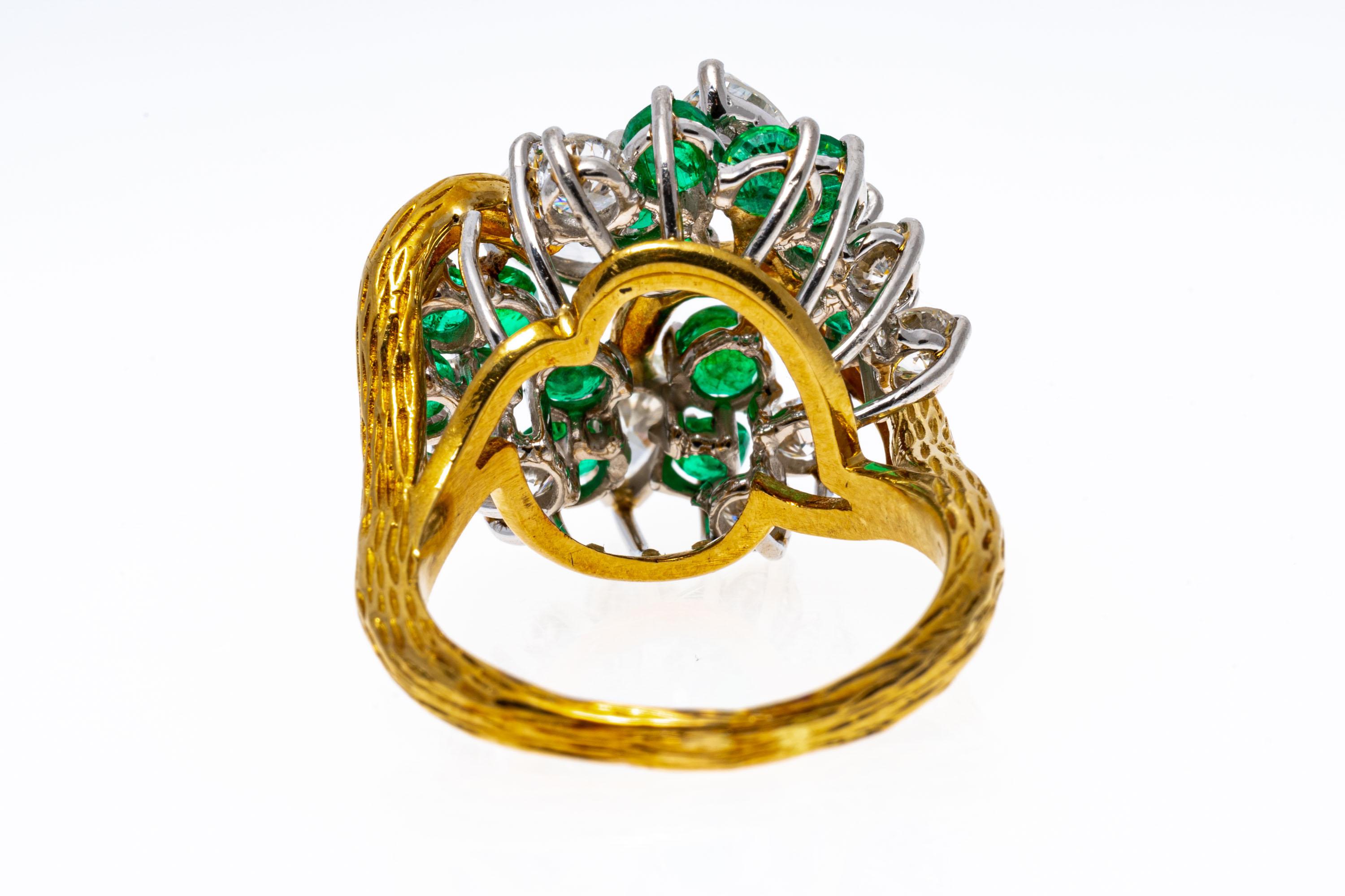 18k Yellow Gold Emerald and Diamond Bypass Cluster Ring, Bark Finish In Good Condition For Sale In Southport, CT