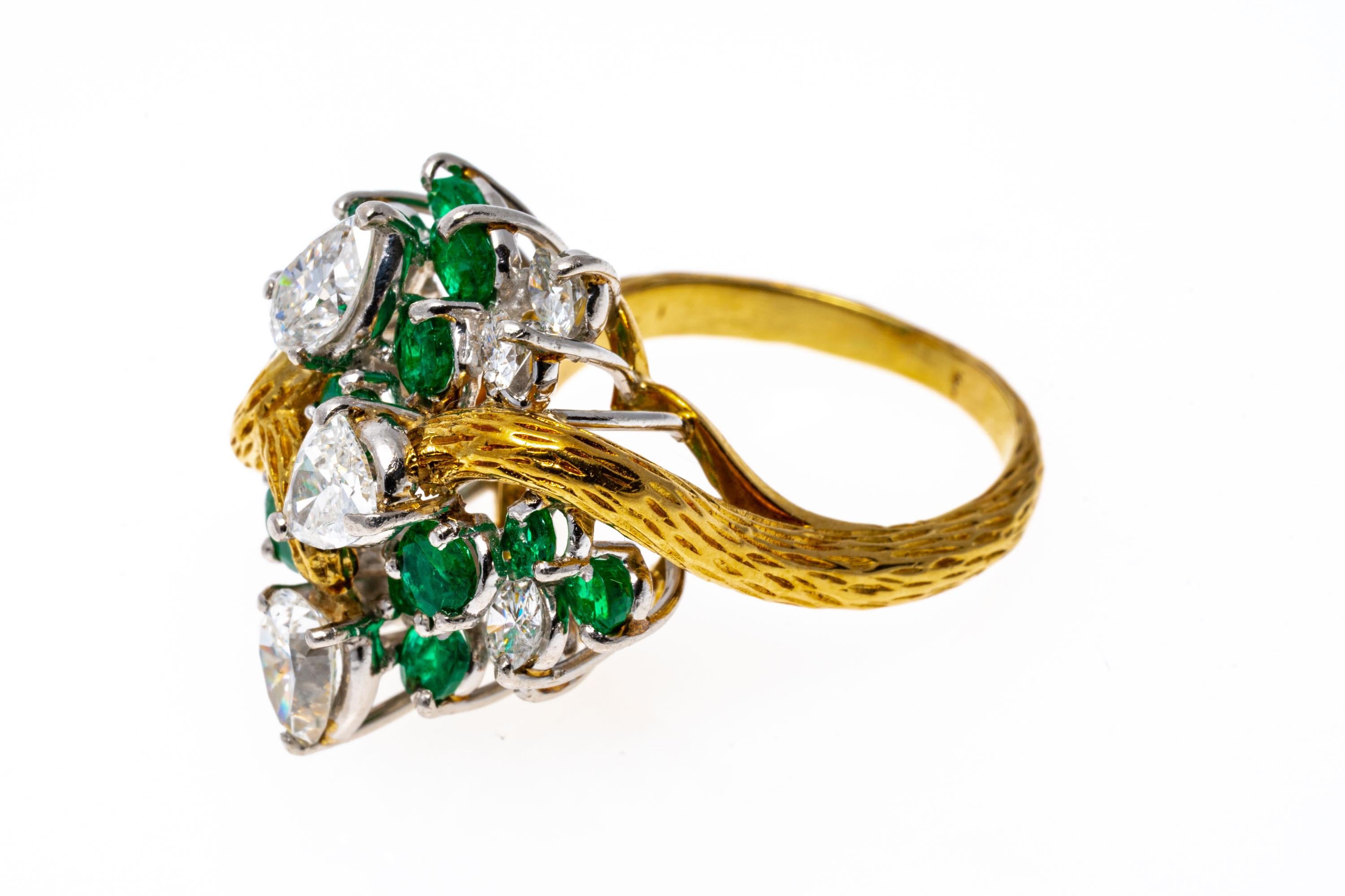 Women's 18k Yellow Gold Emerald and Diamond Bypass Cluster Ring, Bark Finish For Sale