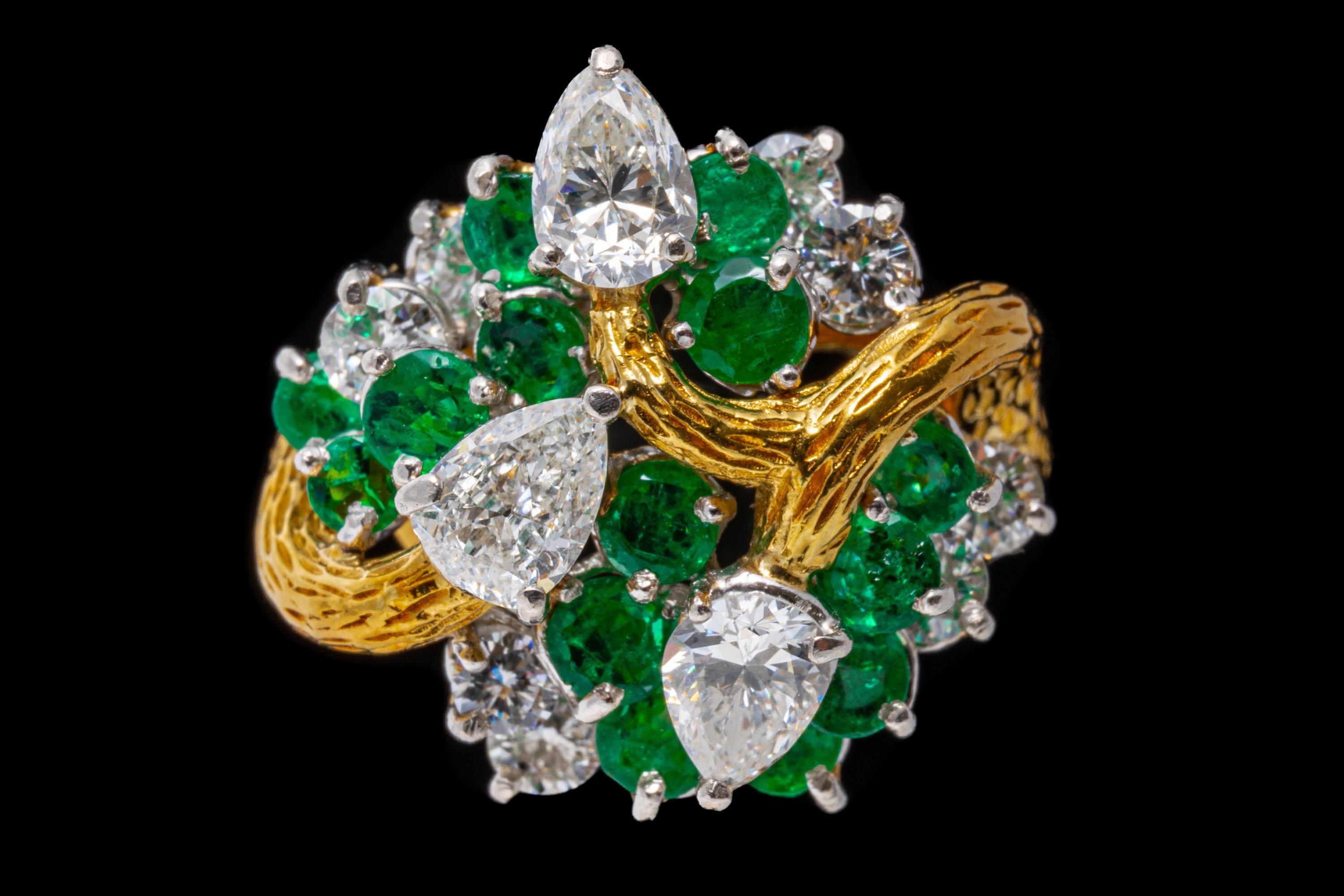 18k Yellow Gold Emerald and Diamond Bypass Cluster Ring, Bark Finish For Sale 2