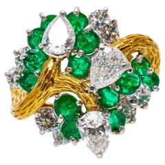 Vintage 18k Yellow Gold Emerald and Diamond Bypass Cluster Ring, Bark Finish