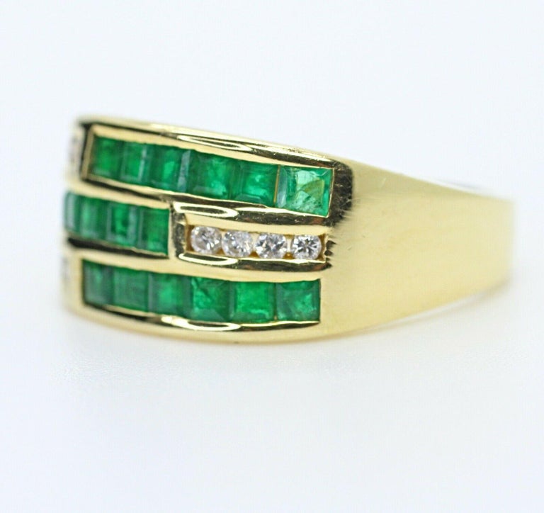 18k Yellow Gold Emerald and Diamond Channel Set Ring For Sale at 1stDibs
