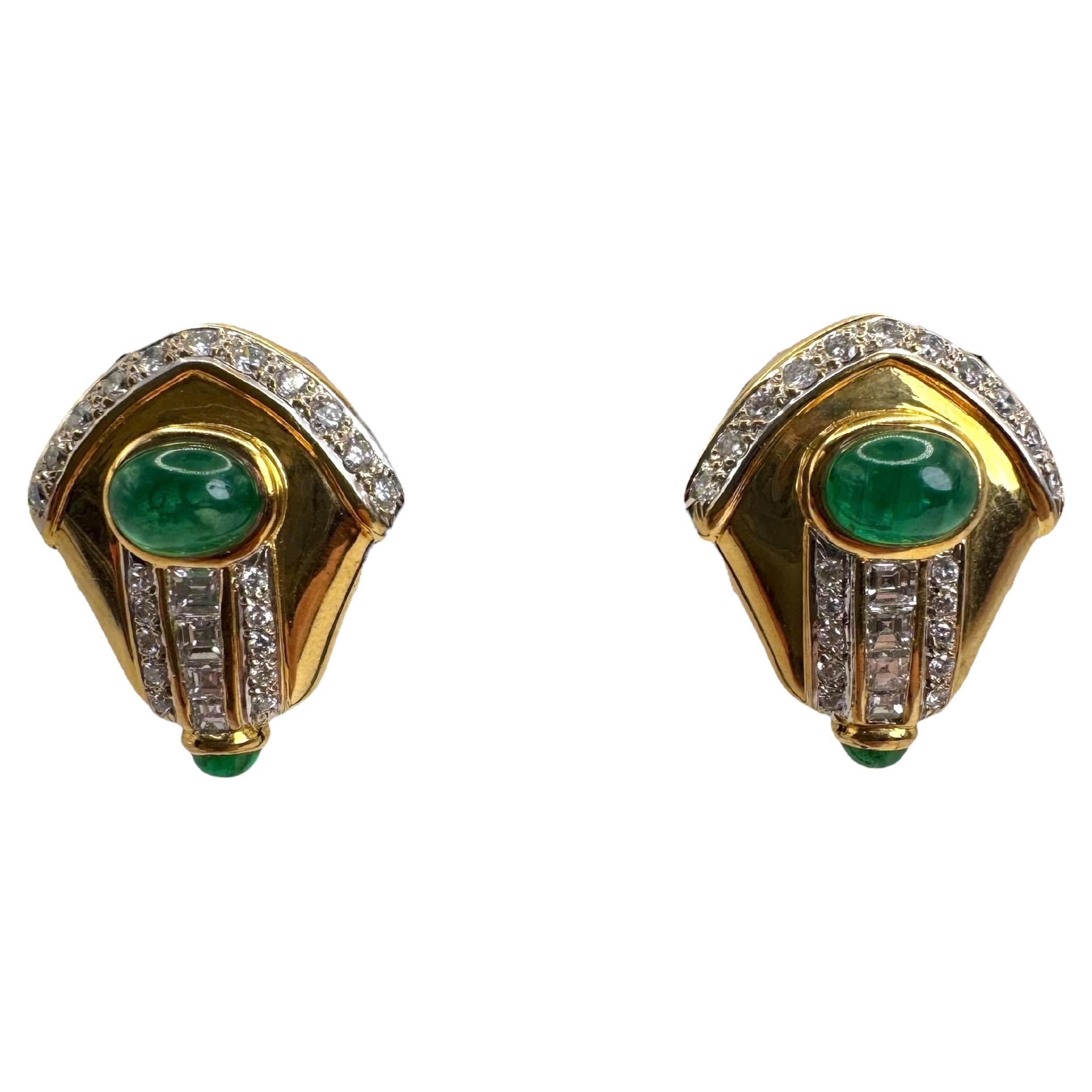 18K Yellow Gold Emerald and Diamond Earrings/Clips