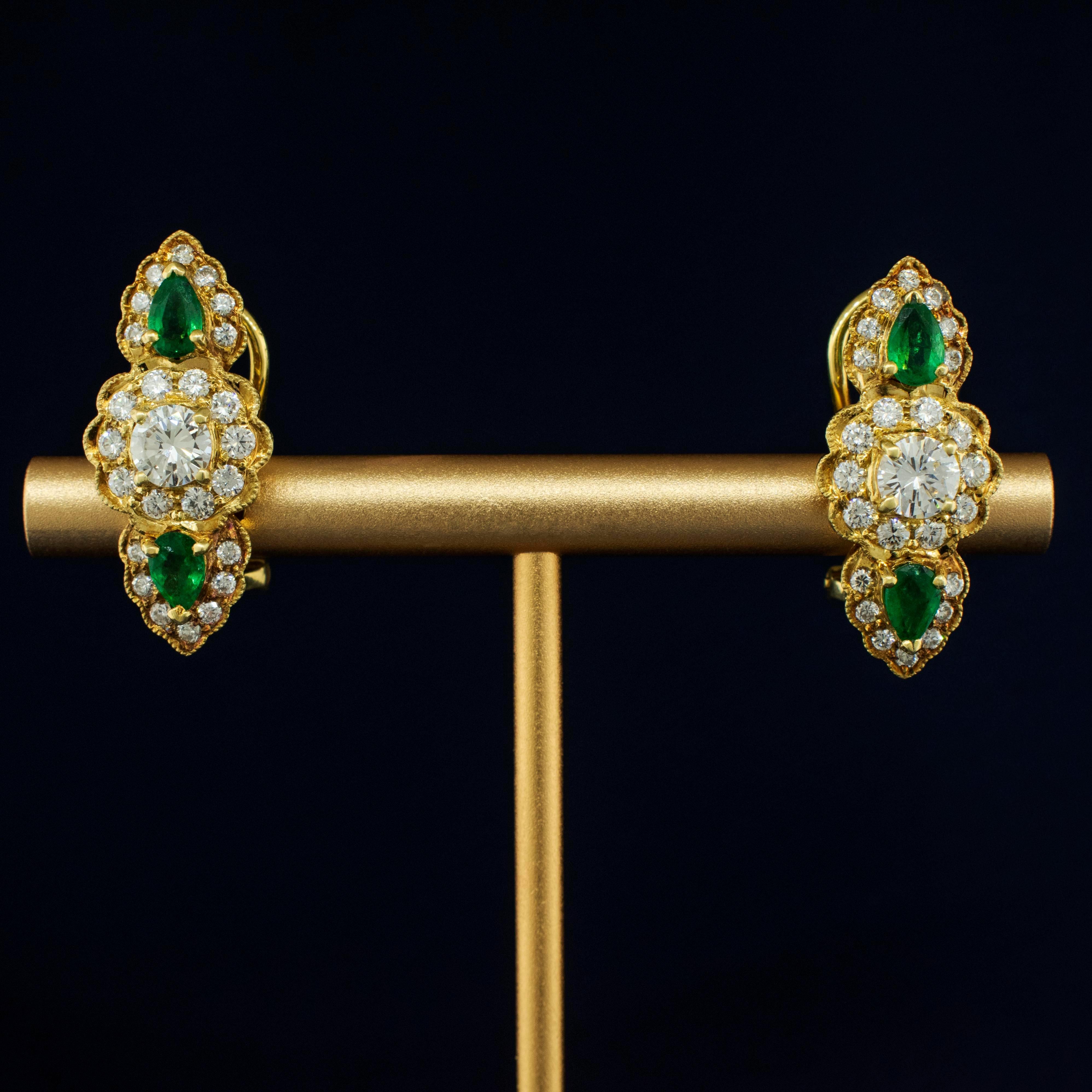 Art Nouveau 18k Yellow Gold Emerald and Diamond Earrings For Sale