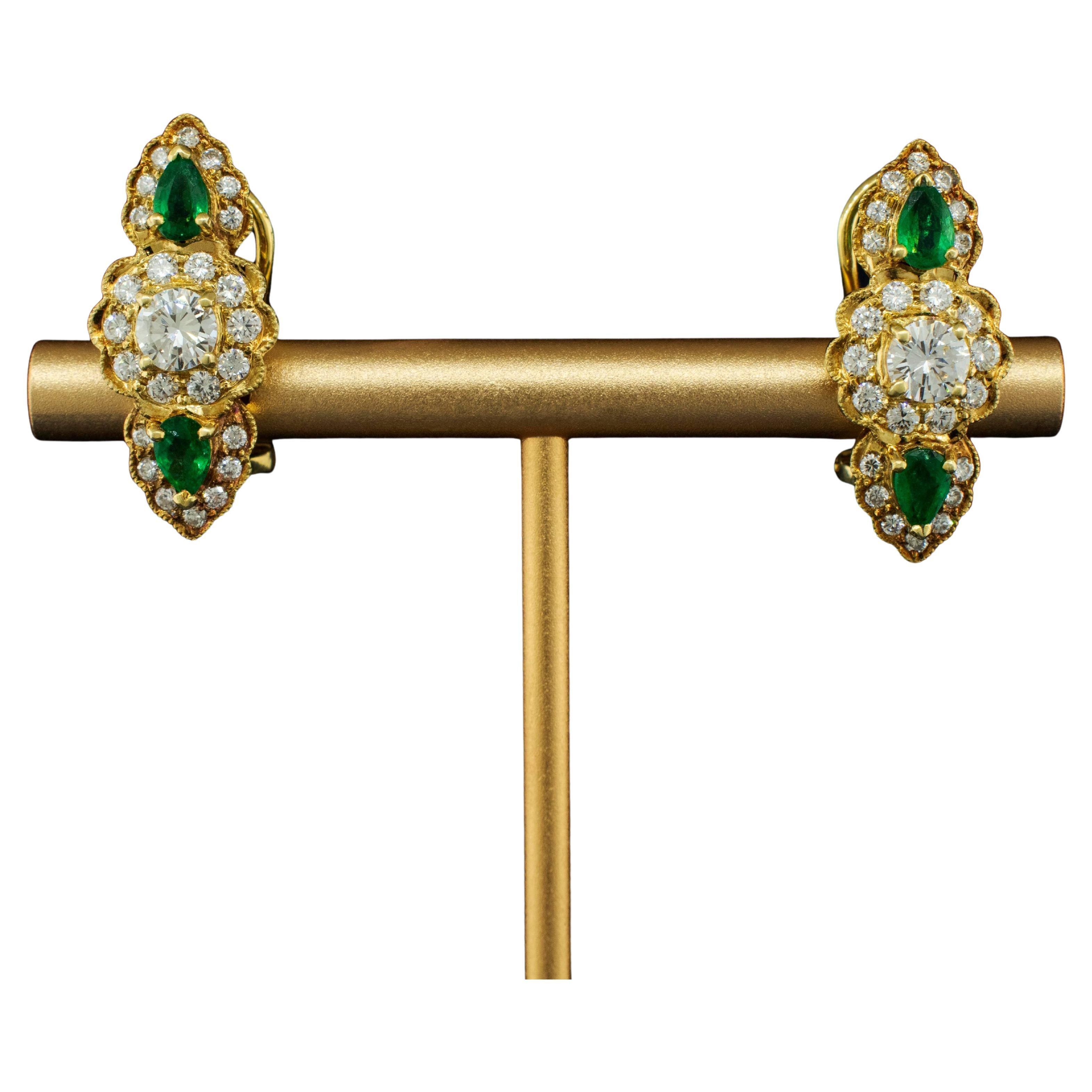 18k Yellow Gold Emerald and Diamond Earrings
