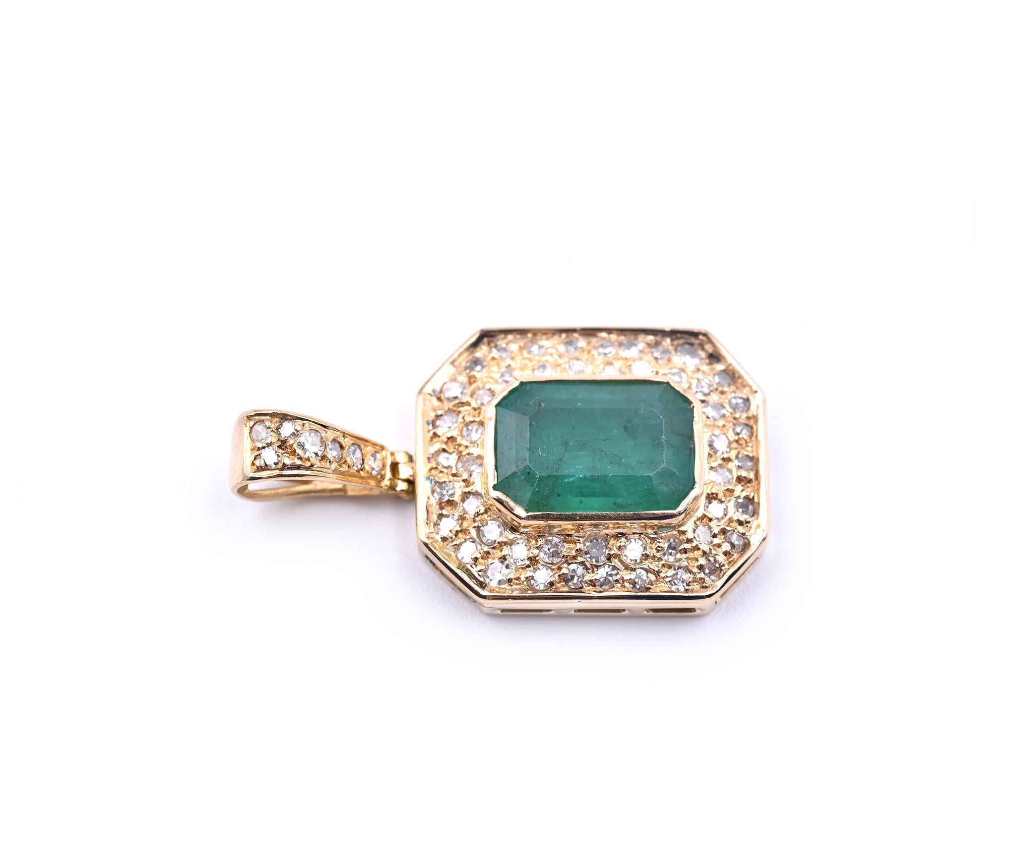 Designer: custom design
Material: 18k yellow gold
Emerald: 1 emerald cut = 3.00ct
Diamonds: 56 round brilliant cuts = 0.50cttw
Color: H-I
Dimensions: pendant measures 16.40mm x 30.30mm
Weight: 4.43 grams

