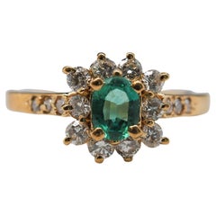 18k Yellow Gold Emerald and Diamond Halo Ring