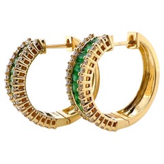 18k Yellow Gold Emerald and Diamond Hoop Earrings
