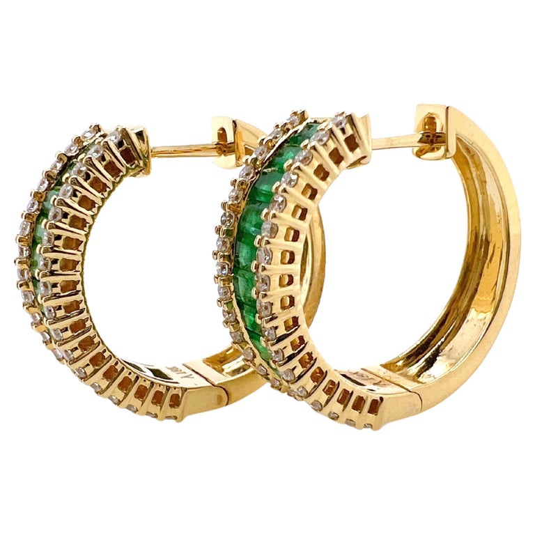 18k Yellow Gold Emerald and Diamond Hoop Earrings For Sale at 1stDibs