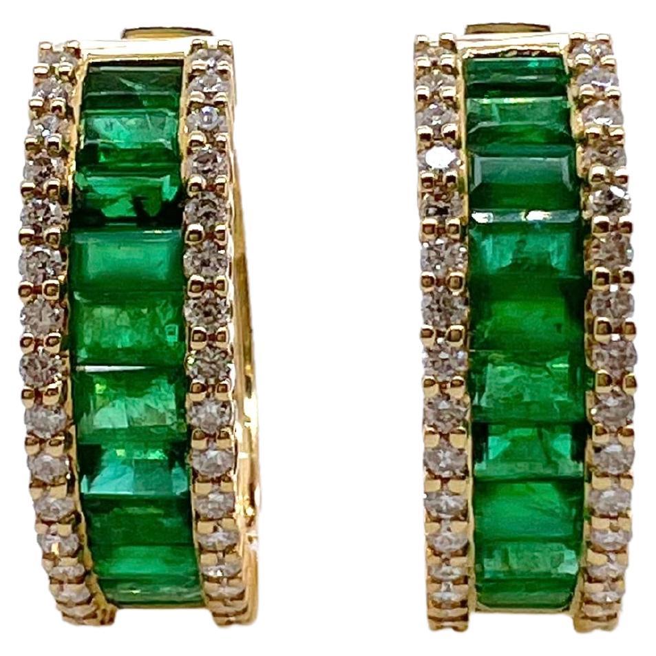 Emerald Cut 18k Yellow Gold Emerald and Diamond Hoop Earrings For Sale