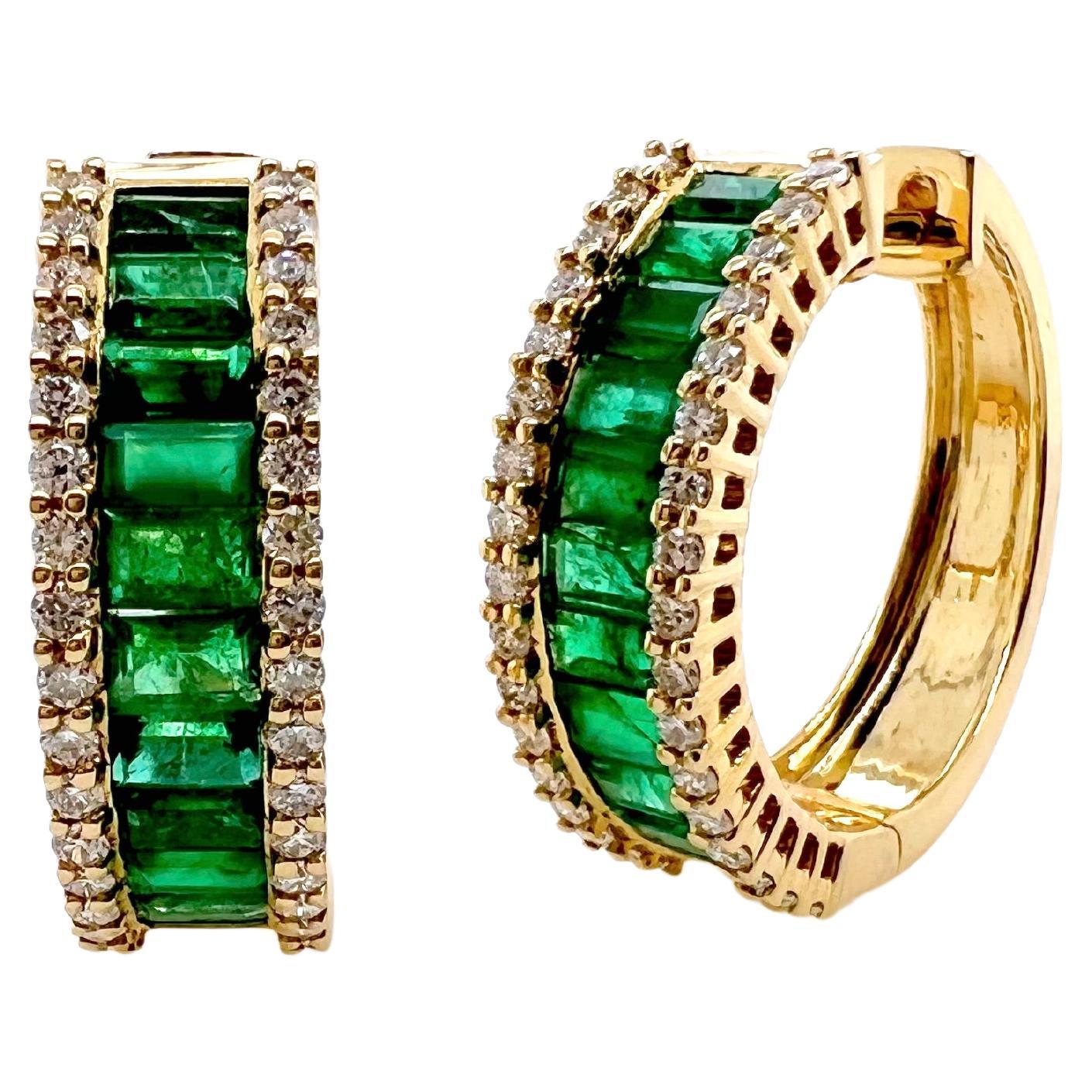 18k Yellow Gold Emerald and Diamond Hoop Earrings For Sale