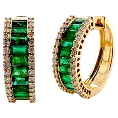 18k Yellow Gold Emerald and Diamond Hoop Earrings