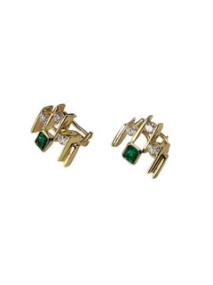 18K Yellow Gold Emerald and Diamond Modernist Earrings #24303