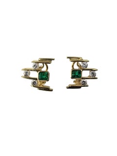 18K Yellow Gold Emerald and Diamond Modernist Earrings #24303