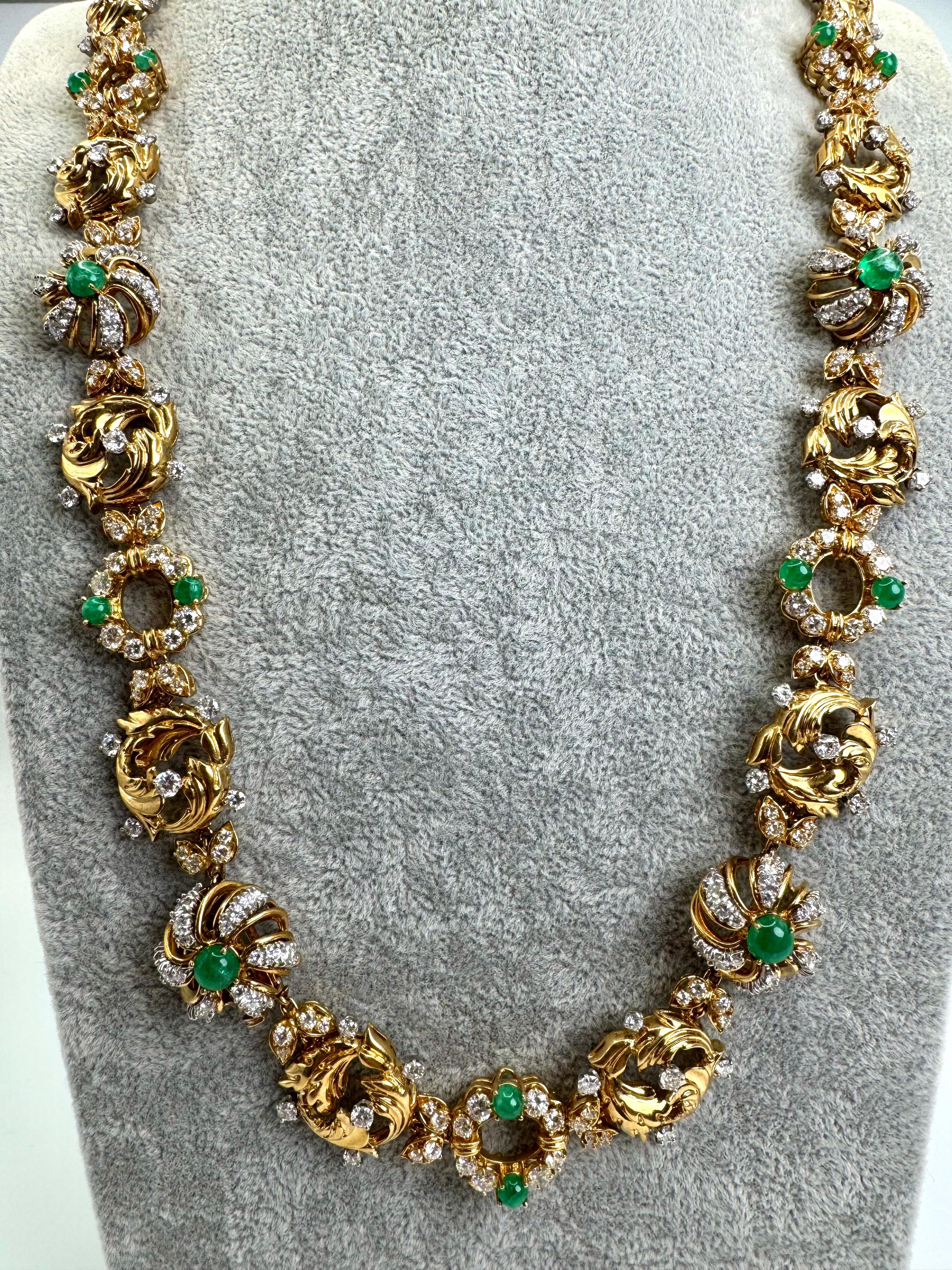 18K Yellow Gold necklace and bracelet set. Entire piece is 36 inches total and can be divided into 3 separate pieces (16 inches, 14 inches, and 6 inches) 27 cabochon emeralds 17.45 carats and, 522 round diamonds 42.85 carats. Marked 750 and 