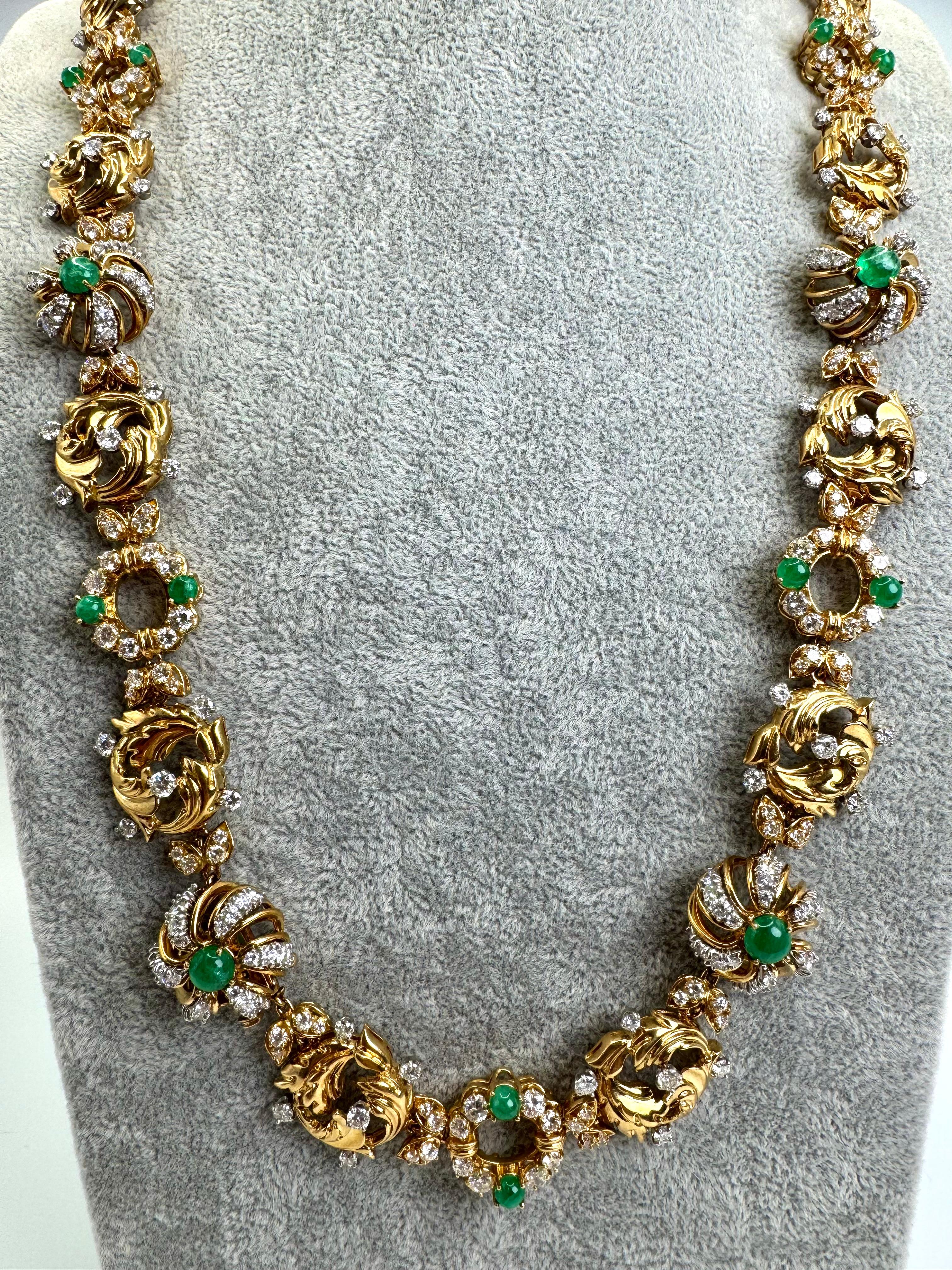 Brilliant Cut 18K Yellow Gold Emerald and Diamond Necklace and Bracelet Set For Sale
