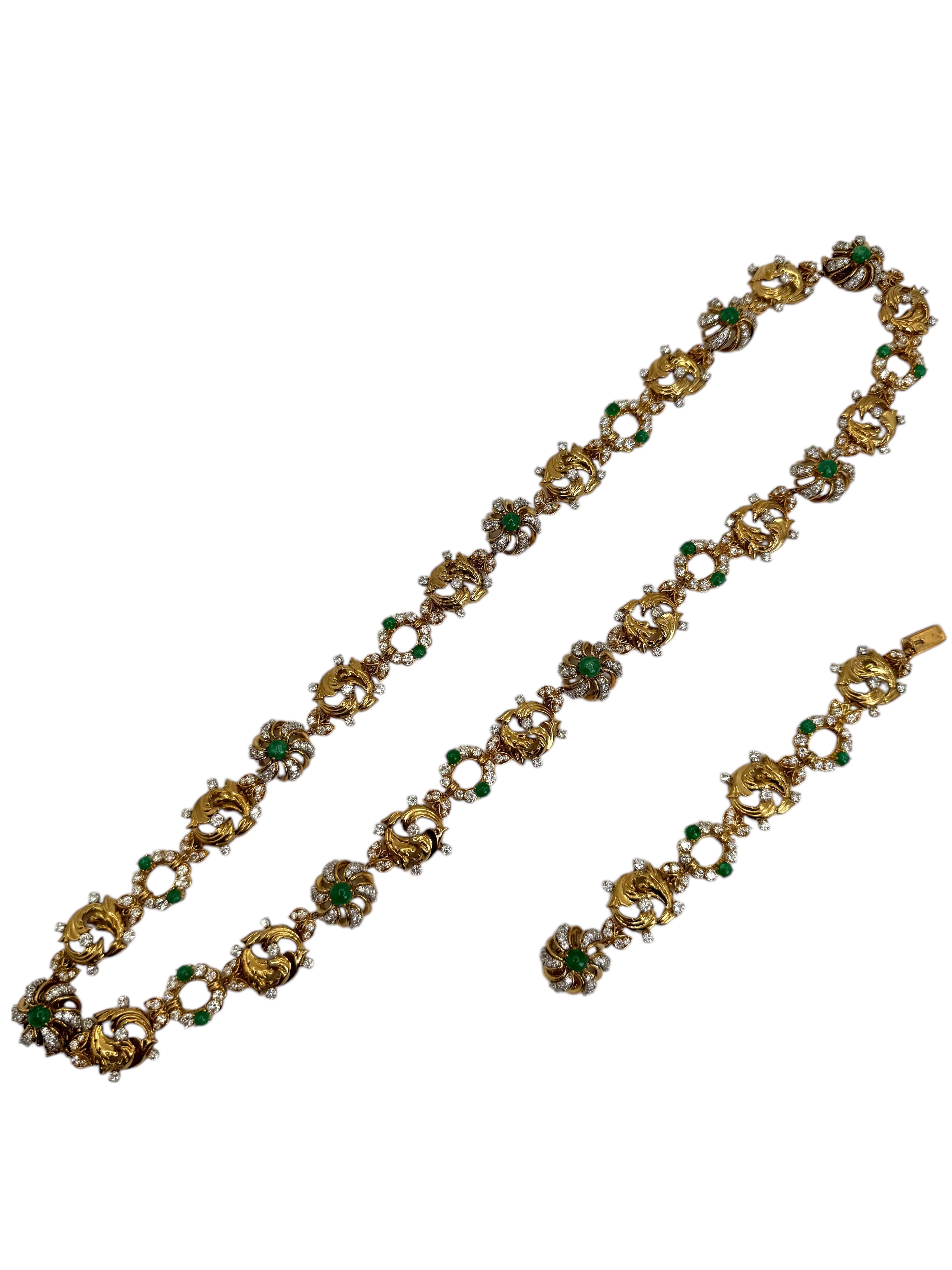 Women's or Men's 18K Yellow Gold Emerald and Diamond Necklace and Bracelet Set For Sale