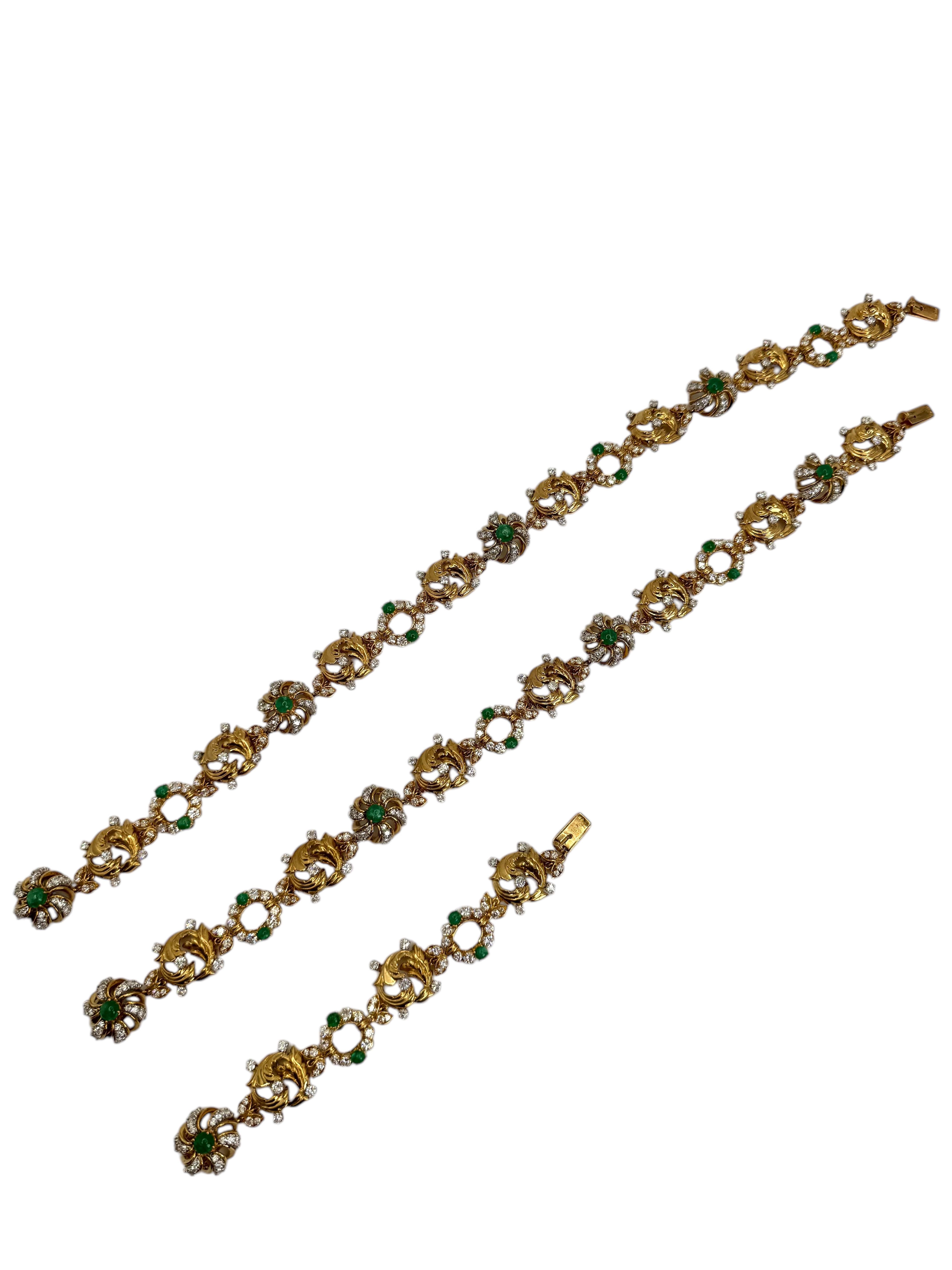 18K Yellow Gold Emerald and Diamond Necklace and Bracelet Set For Sale 1