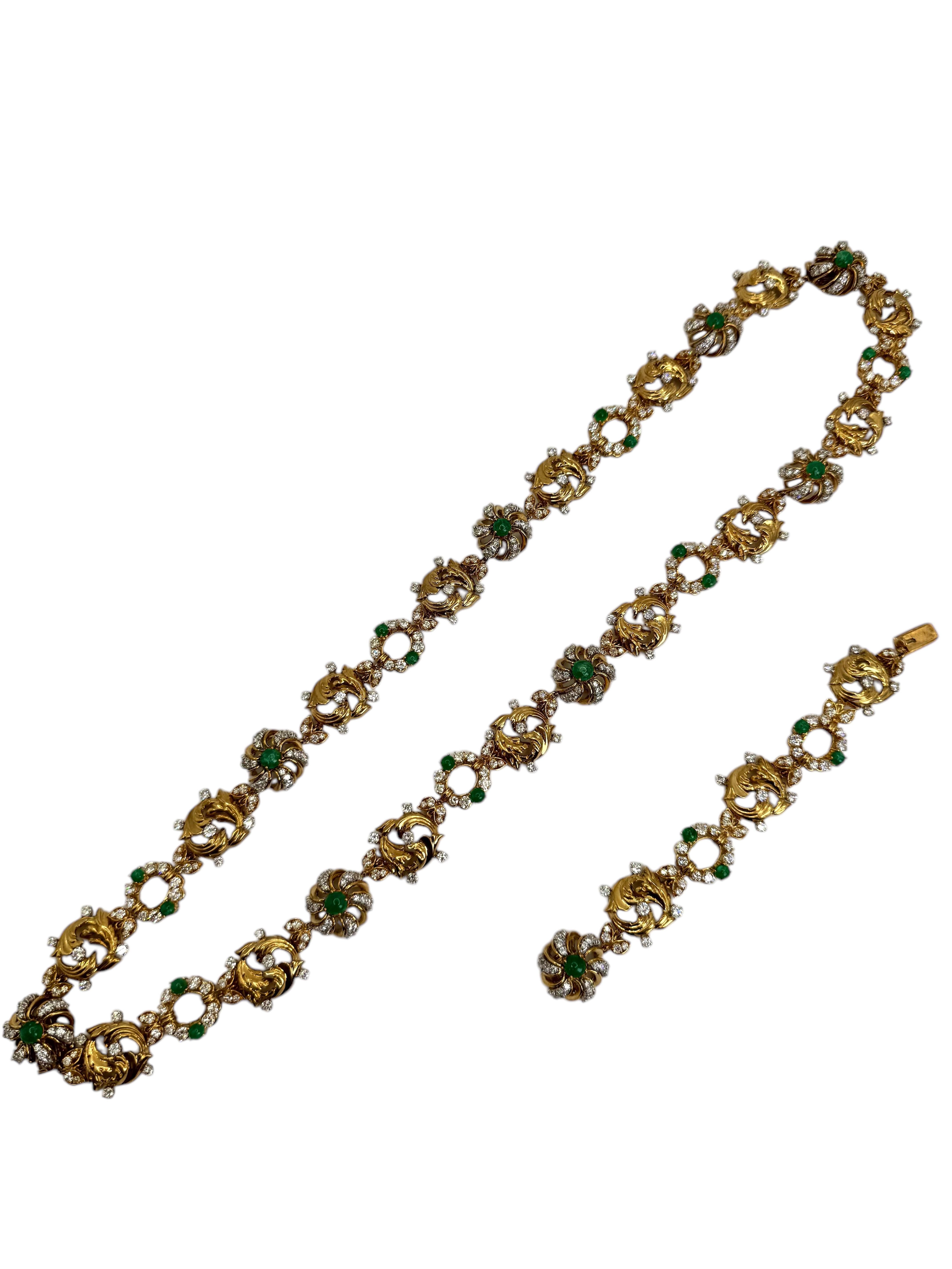 18K Yellow Gold Emerald and Diamond Necklace and Bracelet Set For Sale 2