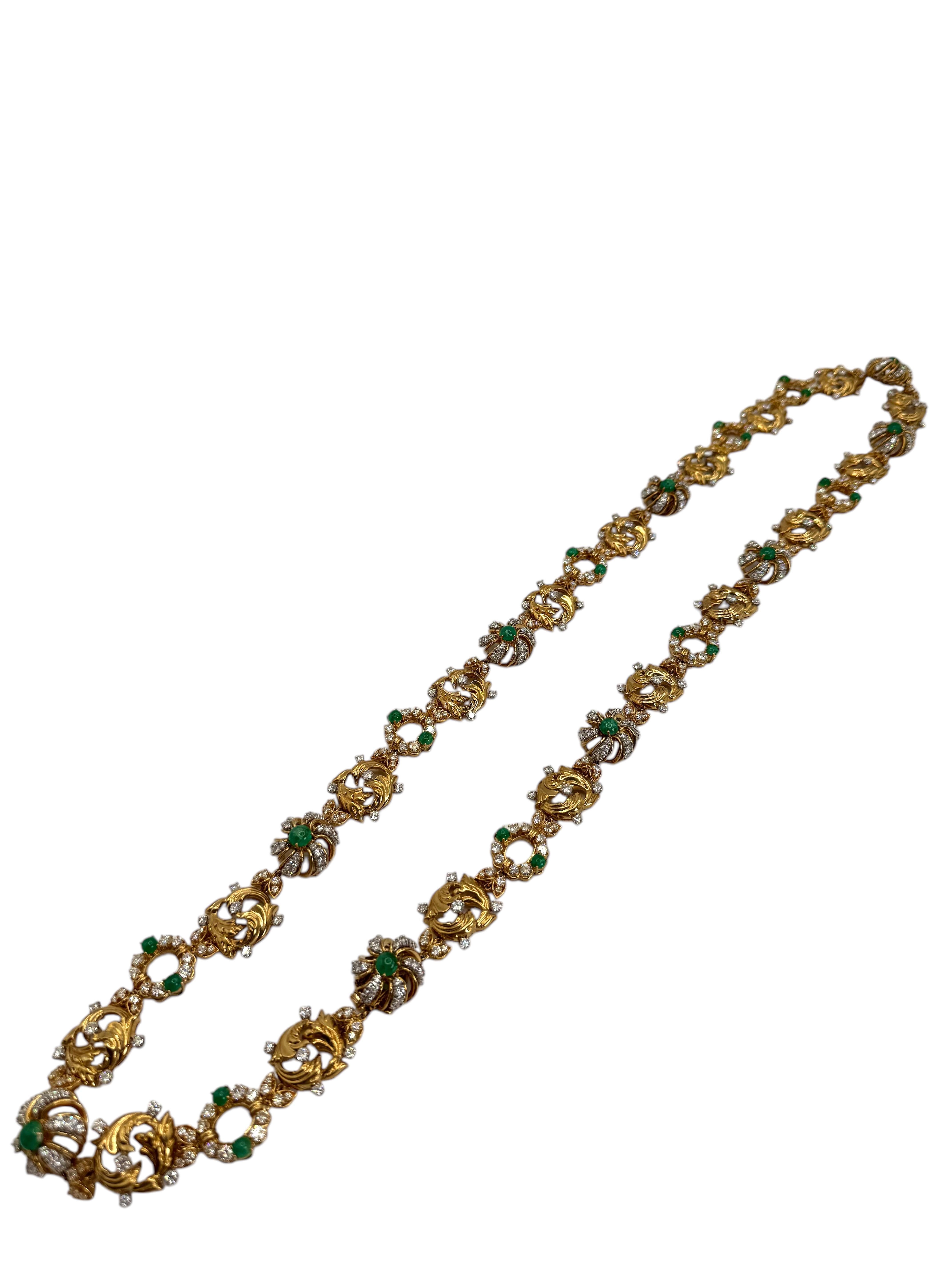 18K Yellow Gold Emerald and Diamond Necklace and Bracelet Set For Sale 4
