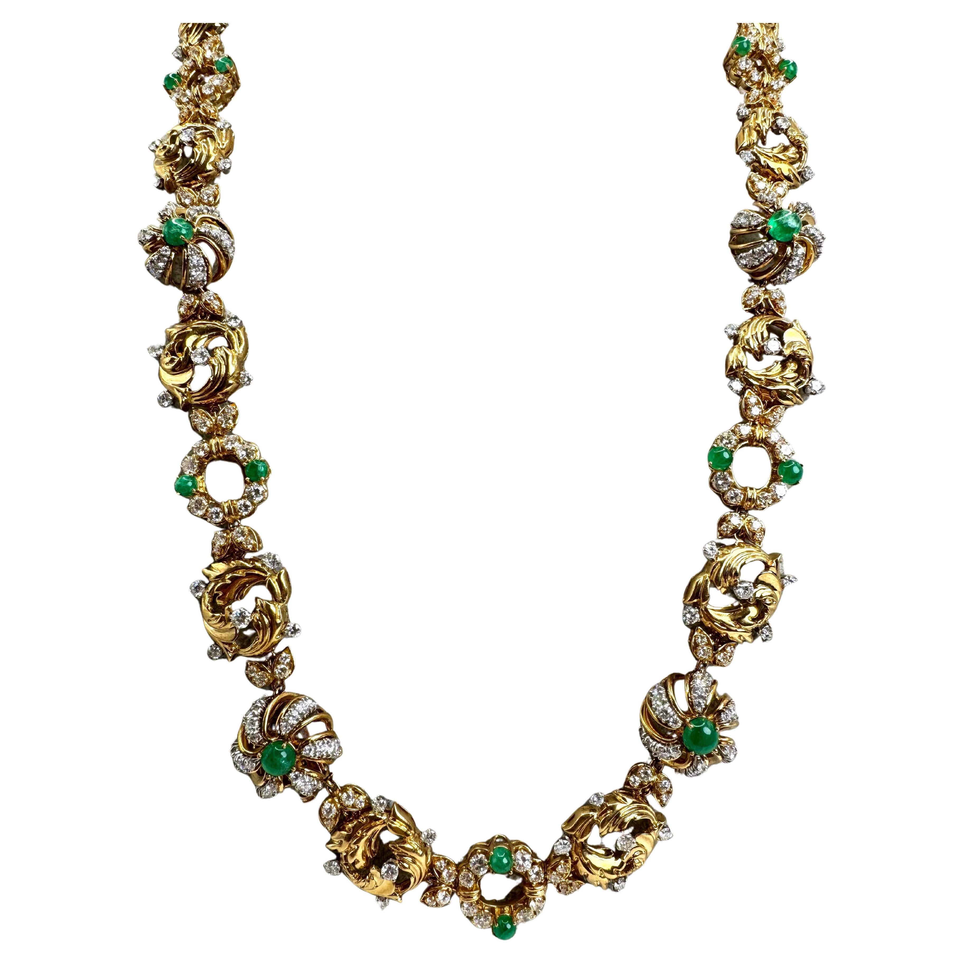 18K Yellow Gold Emerald and Diamond Necklace and Bracelet Set For Sale