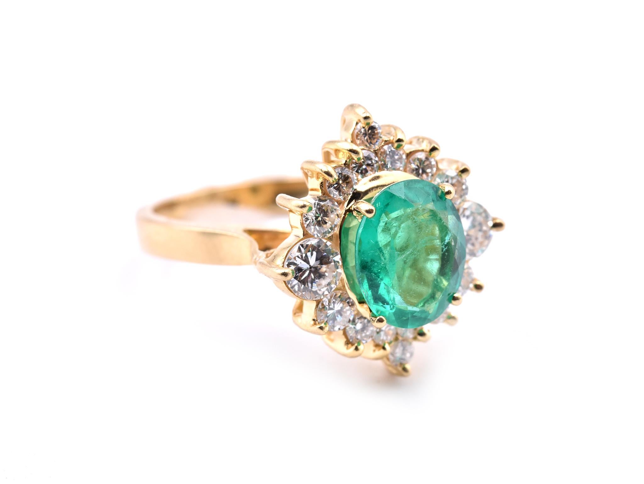 Designer: custom design
Material: 18k yellow gold
Emerald: oval cut= 2.15ct
Diamonds: 16 round brilliant cuts = 1.00cttw
Color: G
Clarity: VS
Ring size: 6 ½ (please allow two additional shipping days for sizing requests)
Dimensions: ring top is