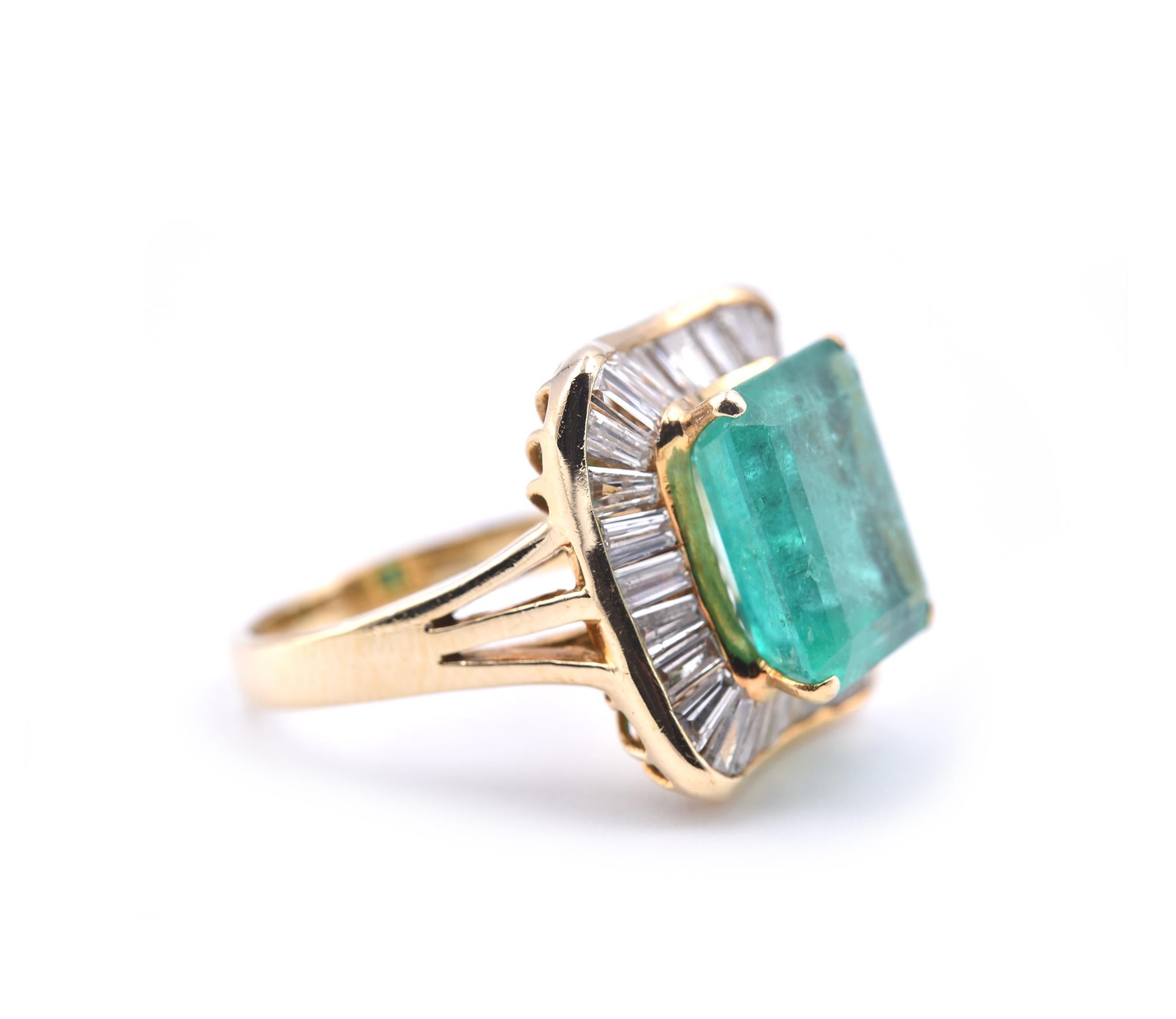 Designer: custom design
Material: 18k yellow gold 
Emerald: 4.41ct emerald Cut
Diamonds: 29 baguette cut = .87cttw 
Color: G
Clarity: VS
Ring Size: 6 (please allow two additional shipping days for sizing requests)
Dimensions: ring top measures 17.12