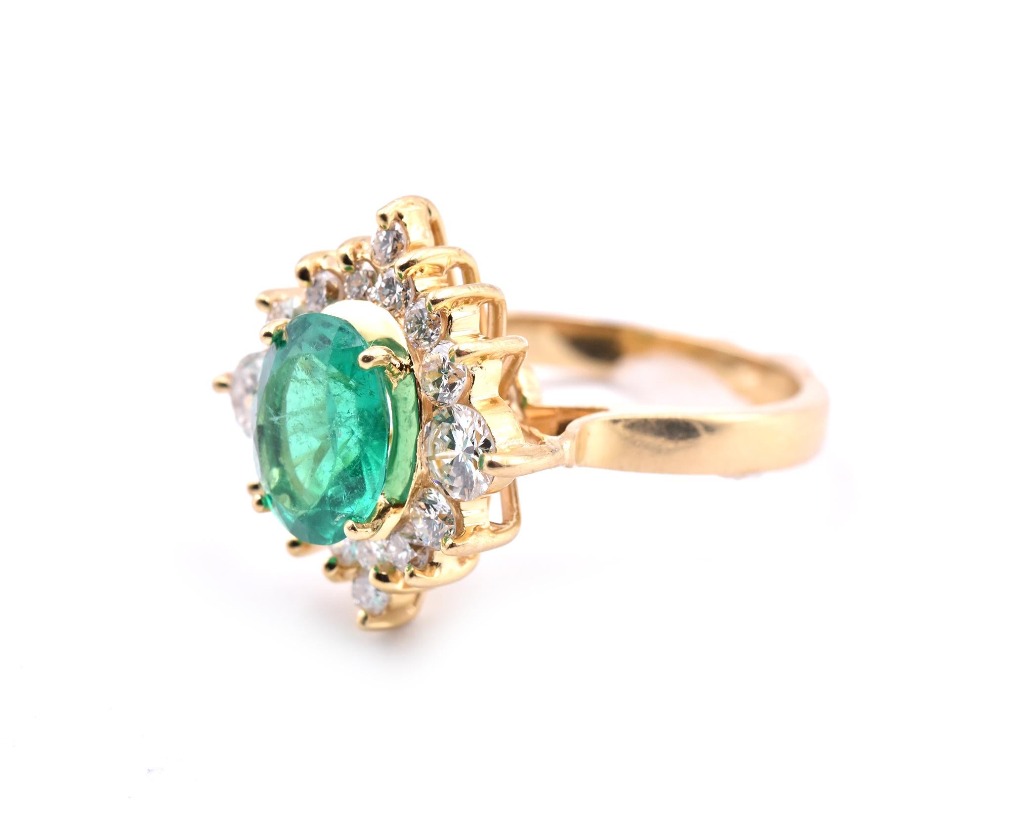 Oval Cut 18 Karat Yellow Gold Emerald and Diamond Ring