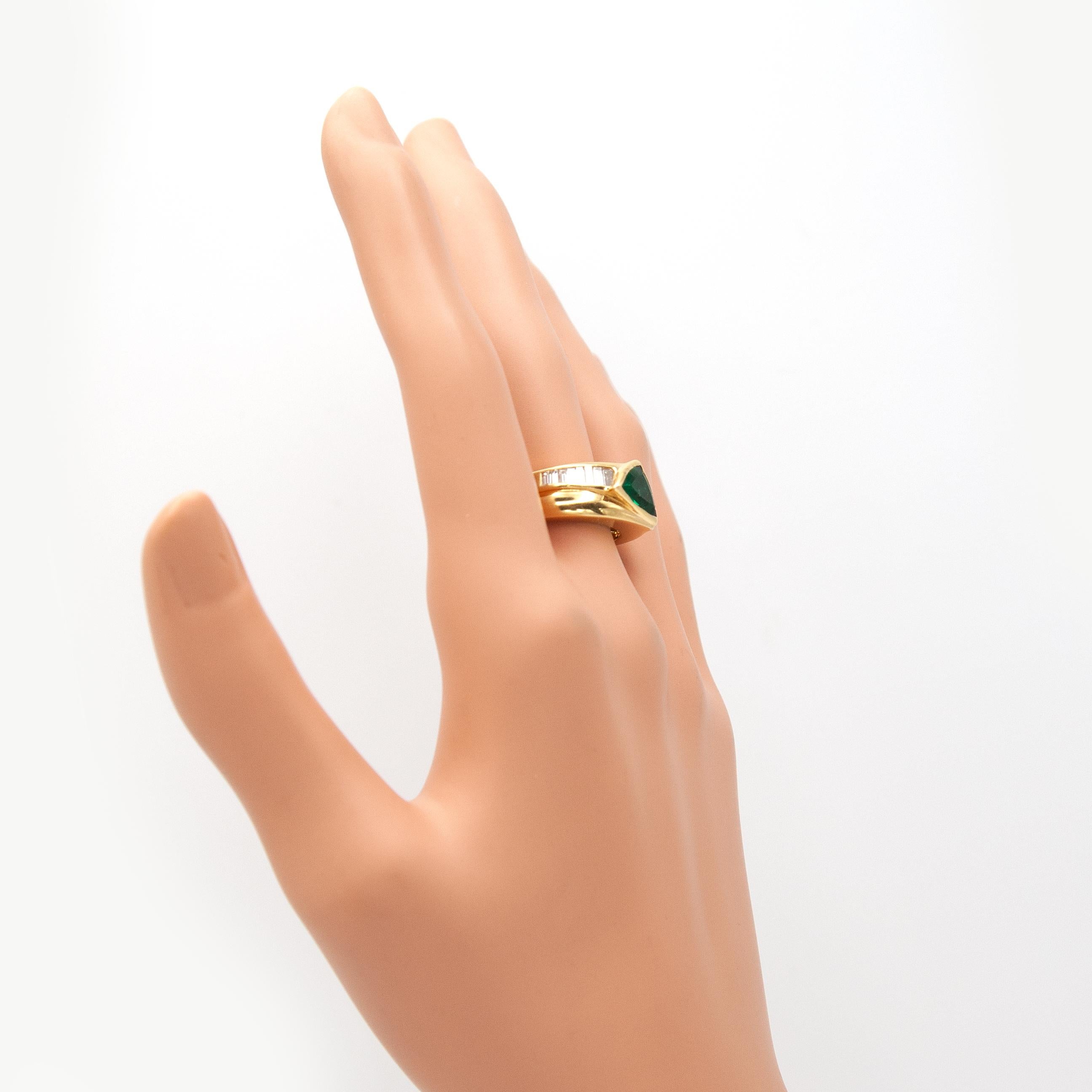 Trillion Cut 18K Yellow Gold Emerald and Diamond Ring For Sale