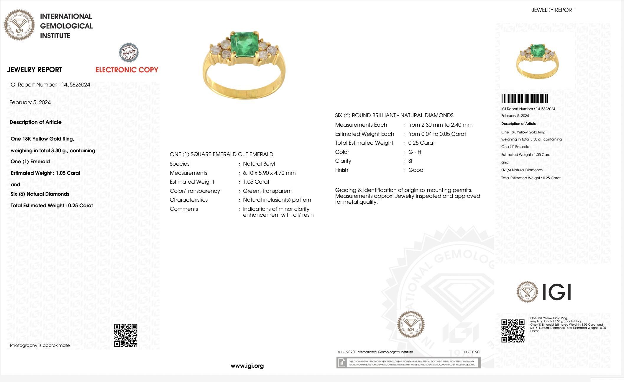 Taglio smeraldo Anello con smeraldo e diamante in oro giallo 18K Olio minore Colombiano Certificato IGI in vendita