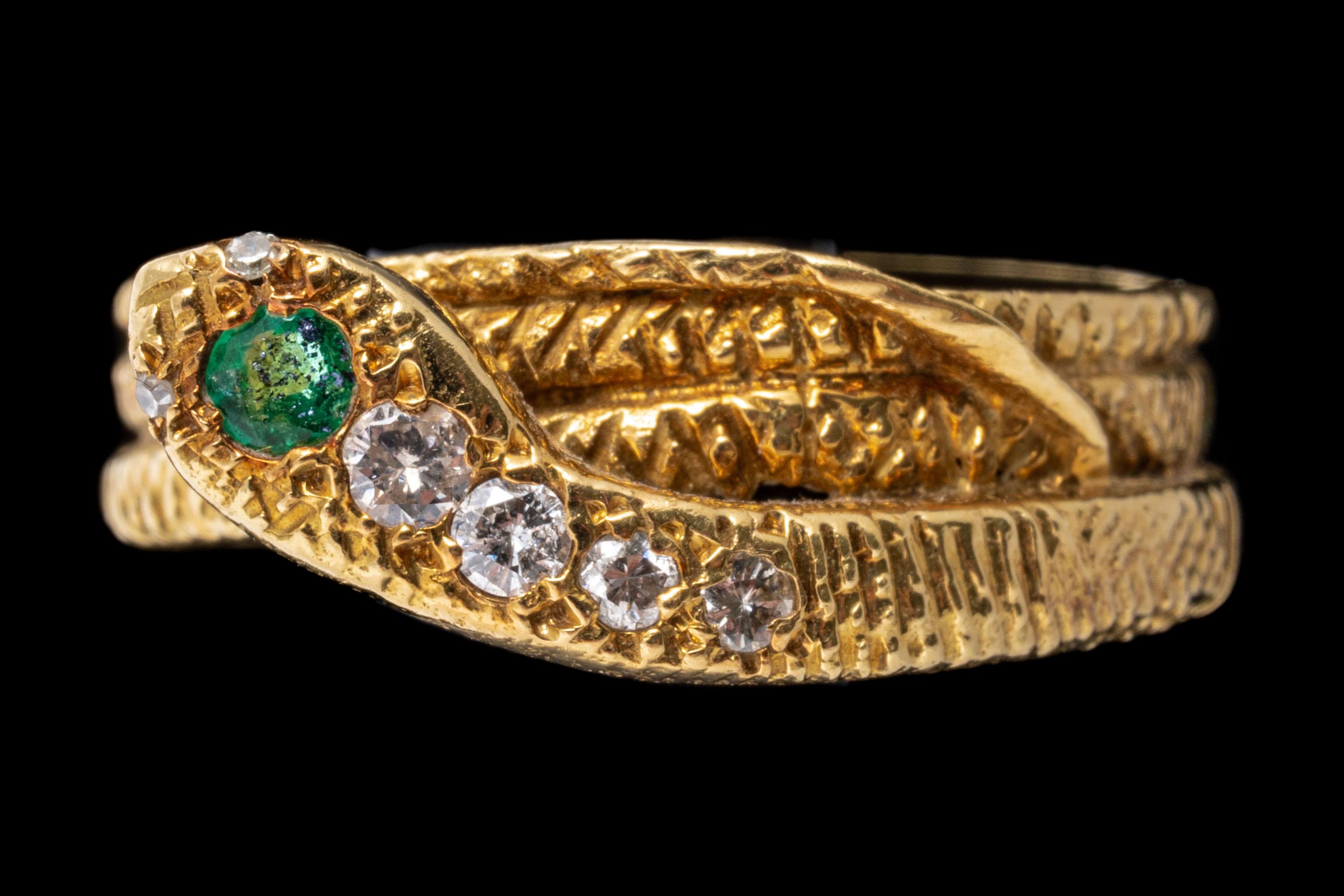 Round Cut 18k Yellow Gold Emerald And Diamond Triple Coiled Serpent Ring For Sale