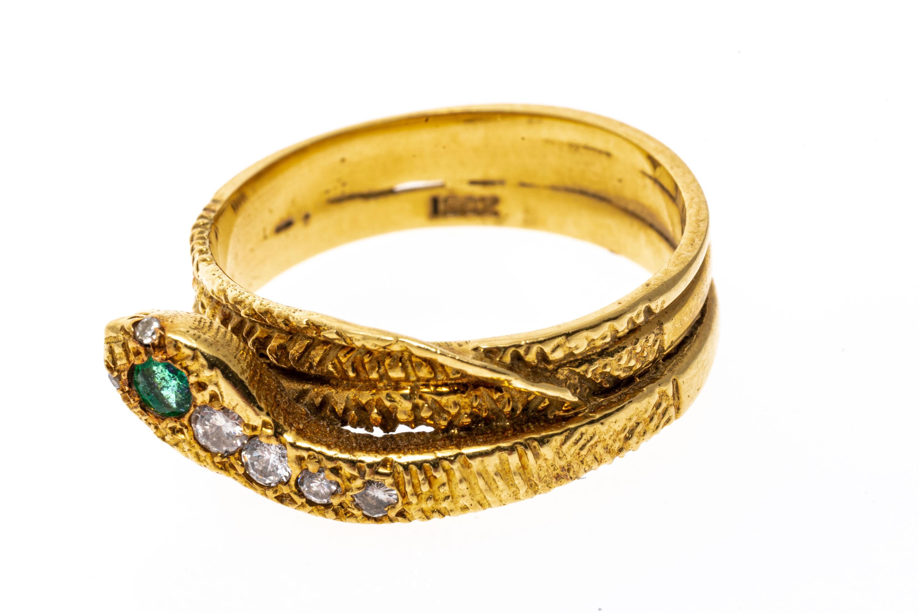 Women's 18k Yellow Gold Emerald And Diamond Triple Coiled Serpent Ring For Sale