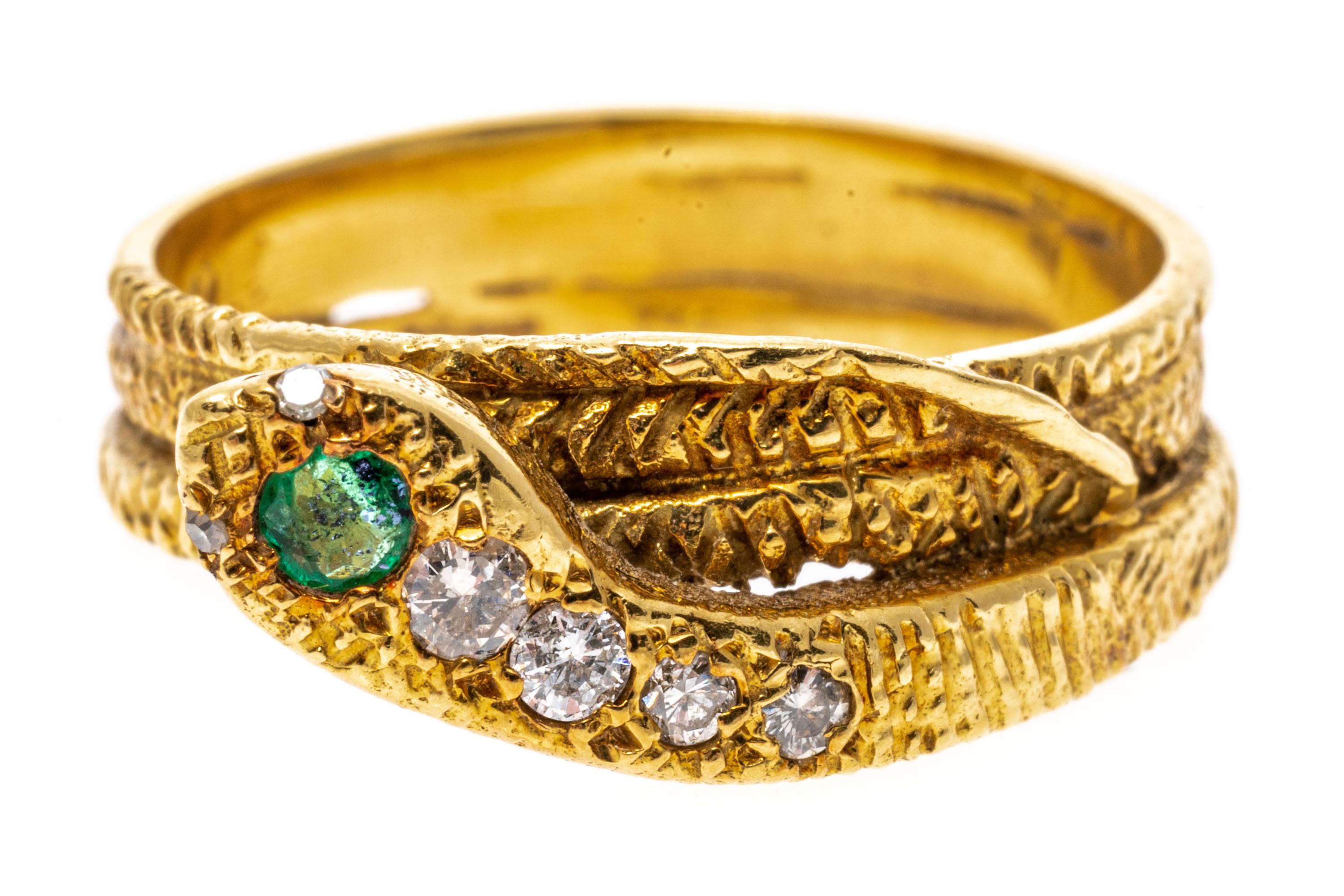 18k Yellow Gold Emerald And Diamond Triple Coiled Serpent Ring For Sale 2
