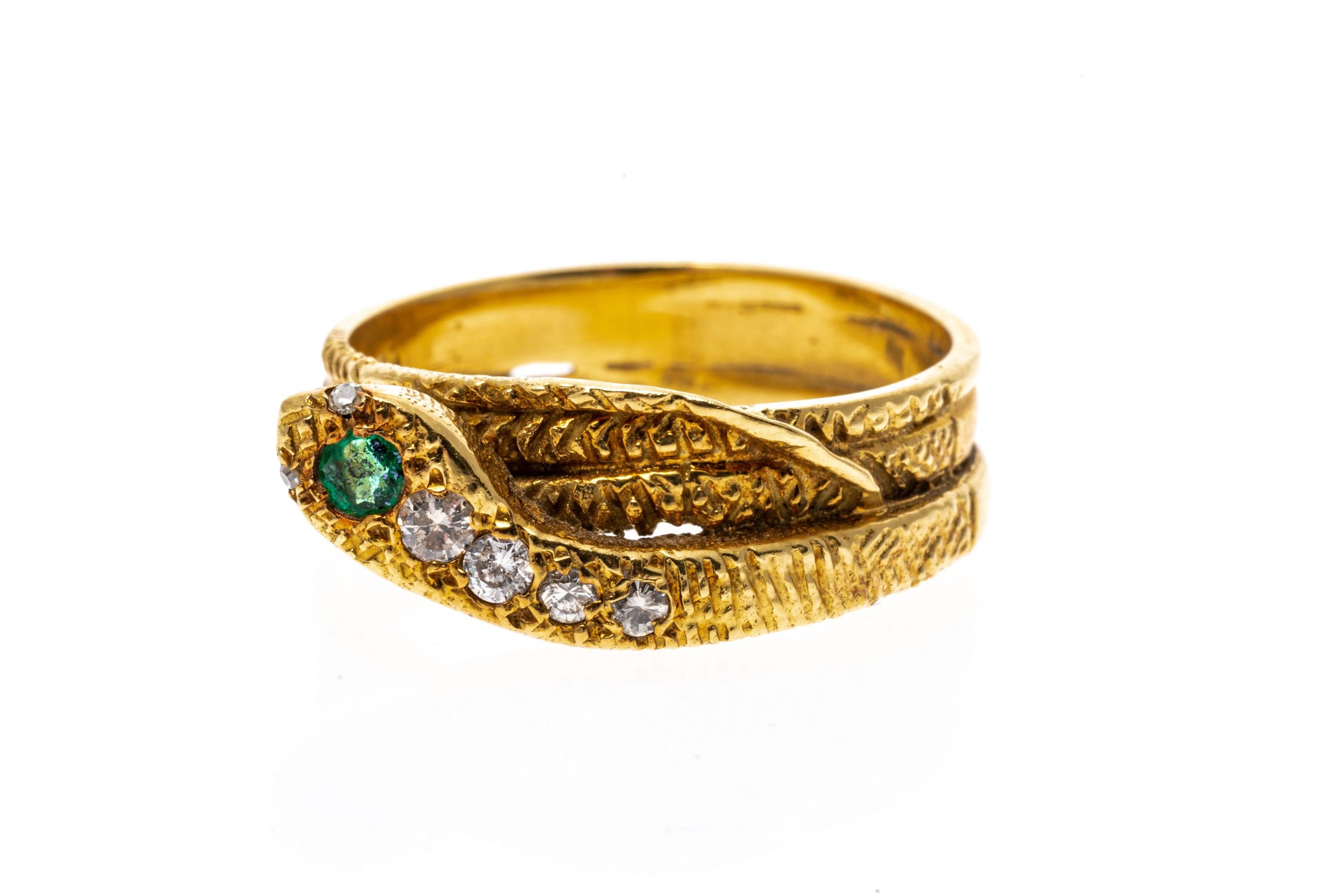 18k Yellow Gold Emerald And Diamond Triple Coiled Serpent Ring For Sale 3