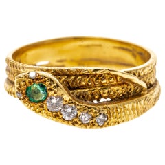 18k Yellow Gold Emerald and Diamond Triple Coiled Serpent Ring