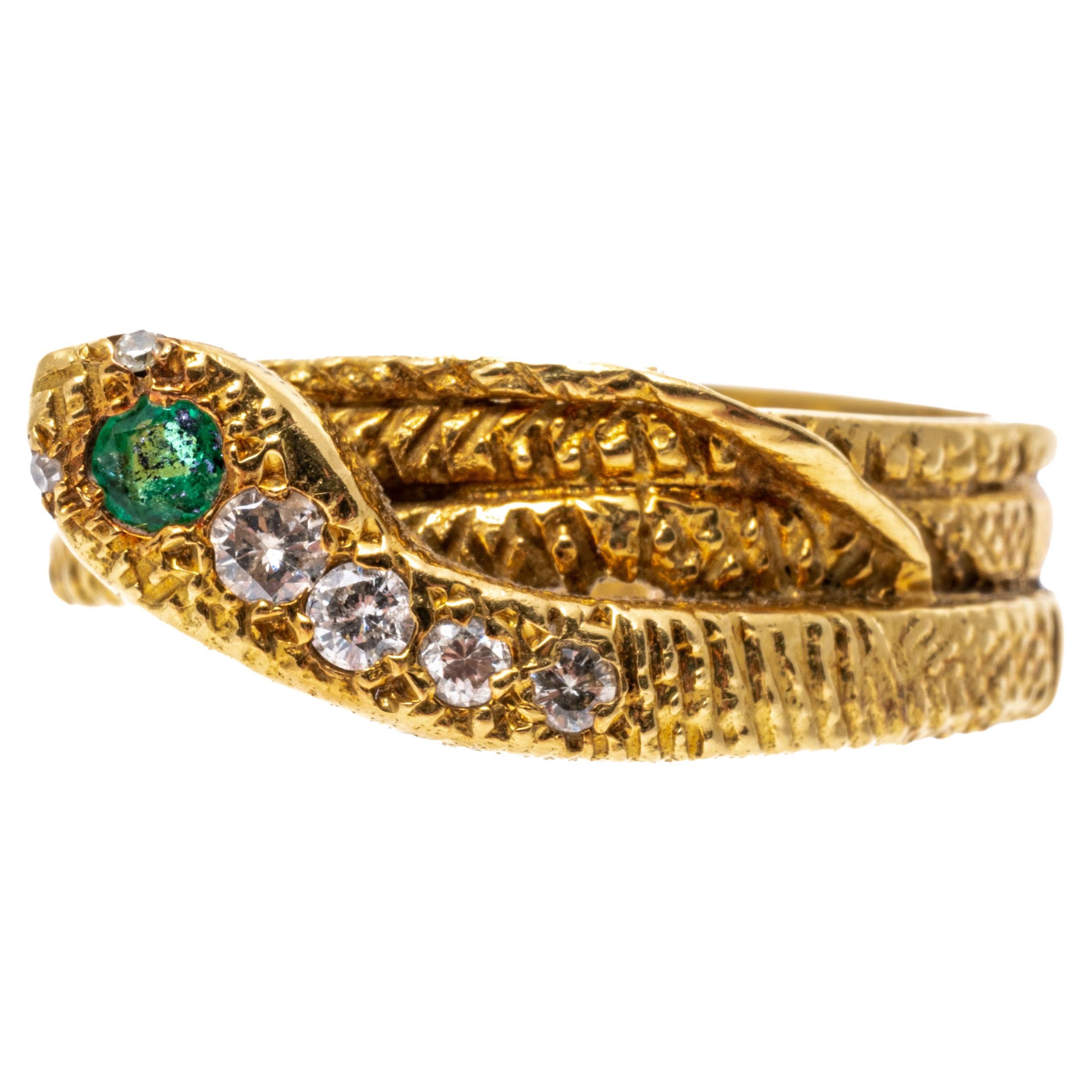 18k Yellow Gold Emerald And Diamond Triple Coiled Serpent Ring For Sale